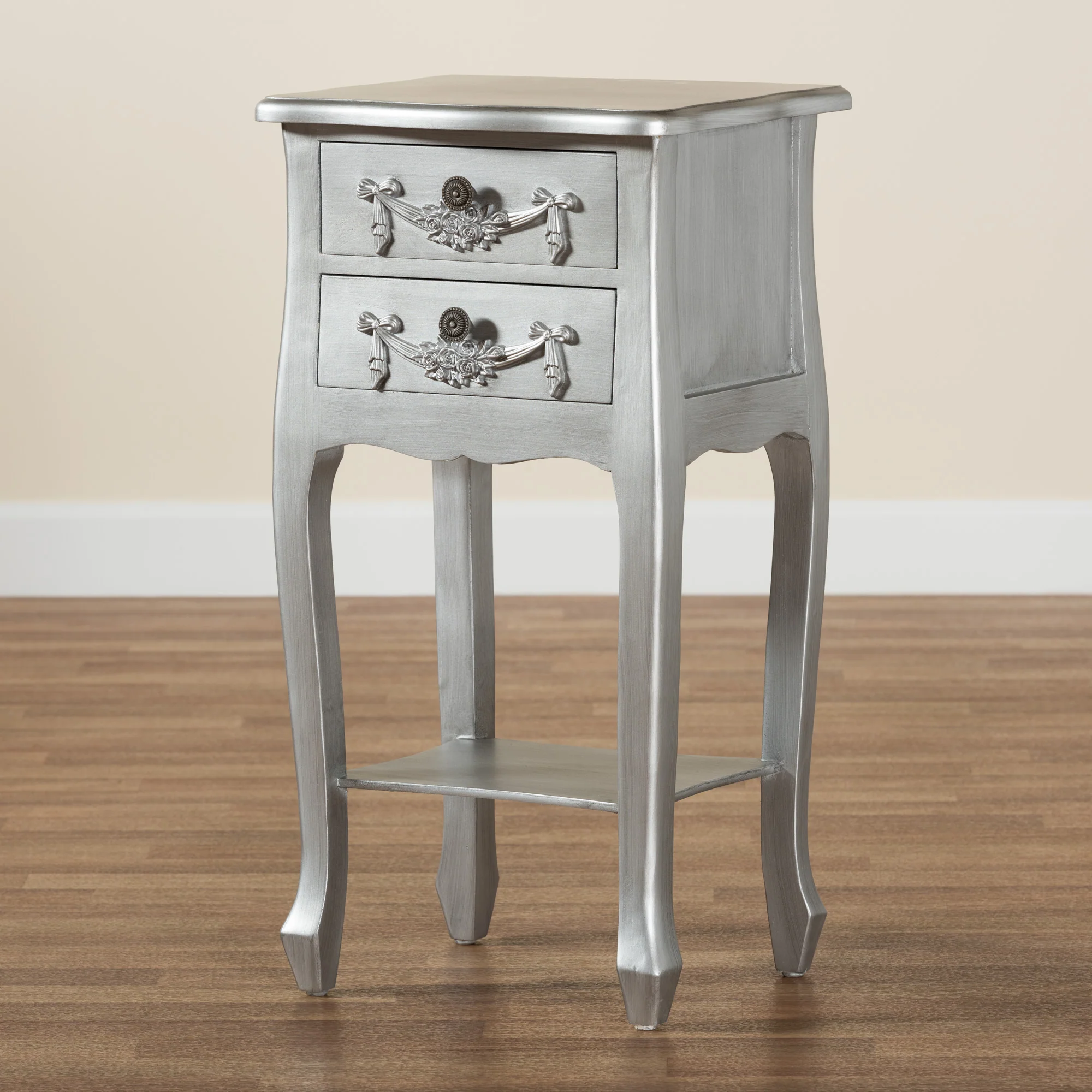 Baxton Studio Eliya Classic and Traditional Brushed Silver Finished Wood 2-Drawer End Table - Image 2