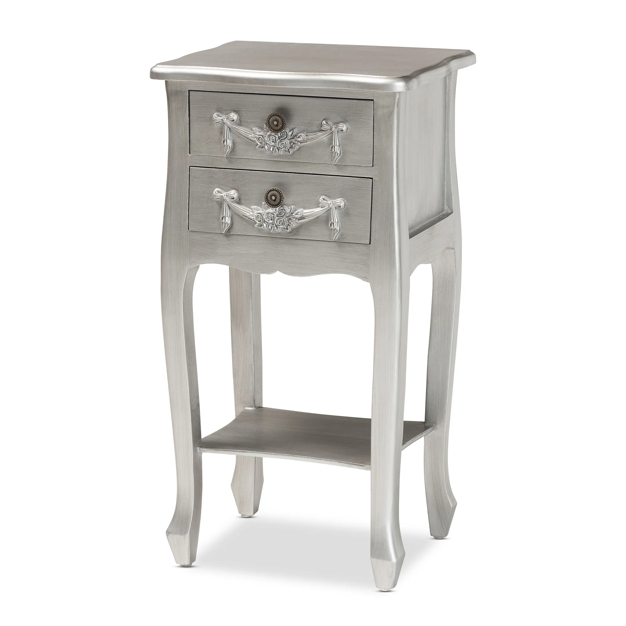Baxton Studio Eliya Classic and Traditional Brushed Silver Finished Wood 2-Drawer End Table - Image 4