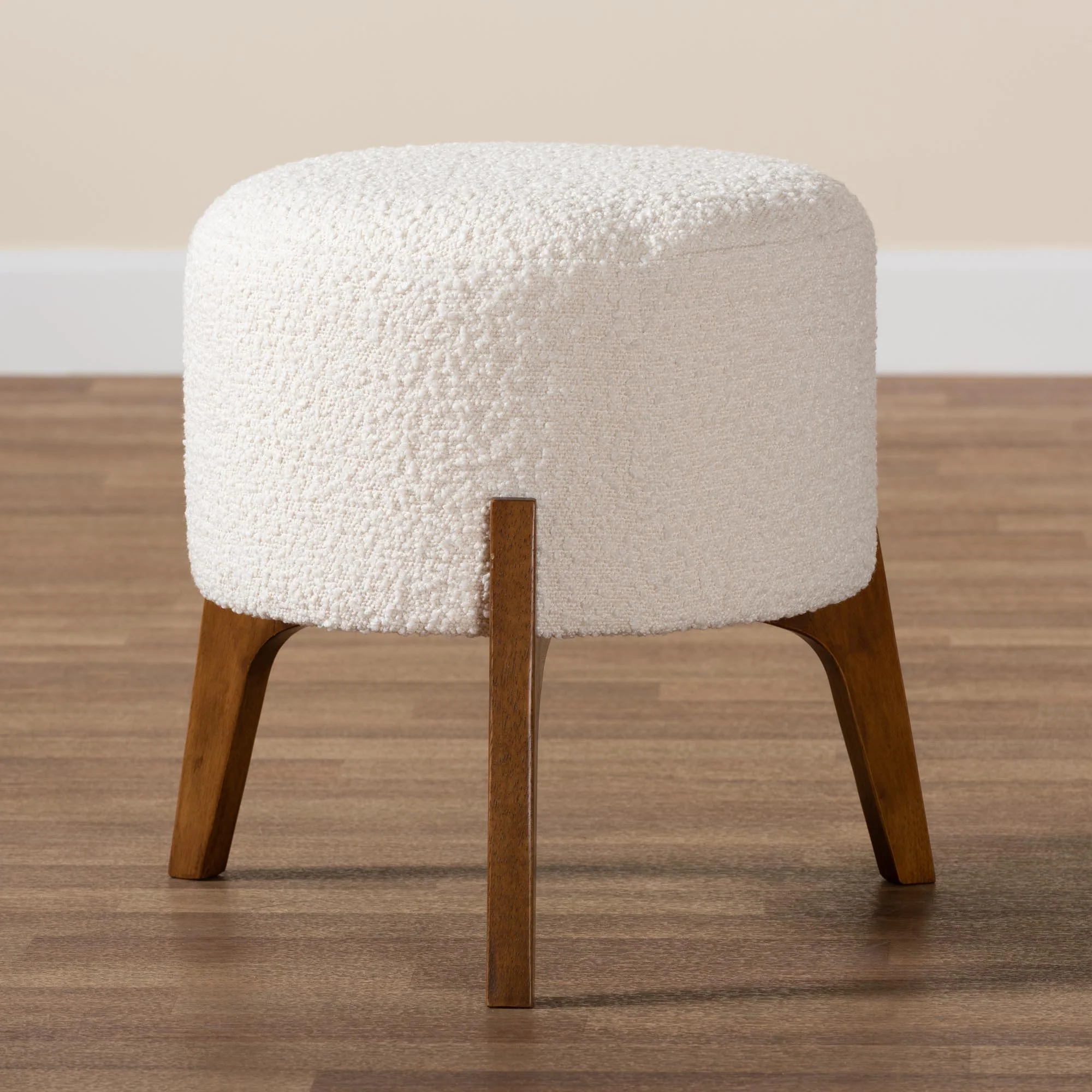 Baxton Studio Elkie Japandi Cream Boucle Fabric and Walnut Brown Finished Wood Ottoman Footstool - Image 7