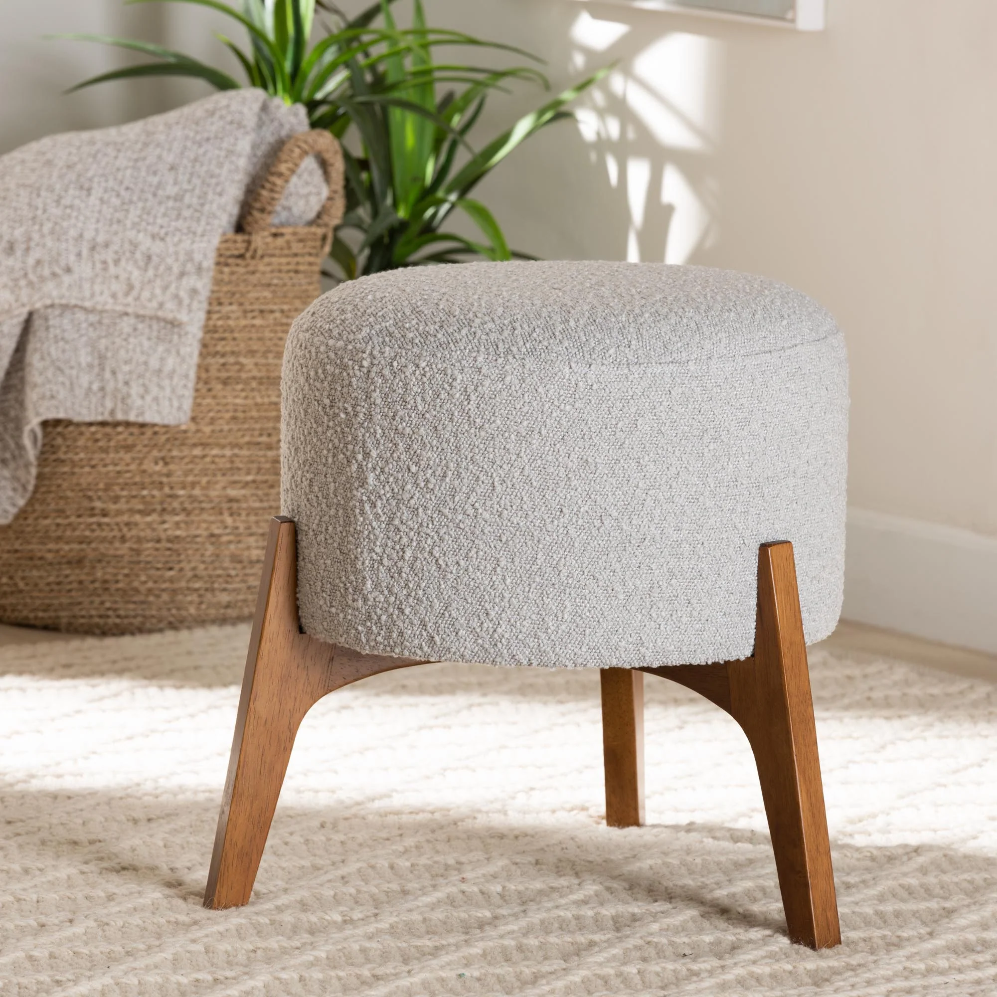 Baxton Studio Elkie Japandi Cream Boucle Fabric and Walnut Brown Finished Wood Ottoman Footstool - Image 9
