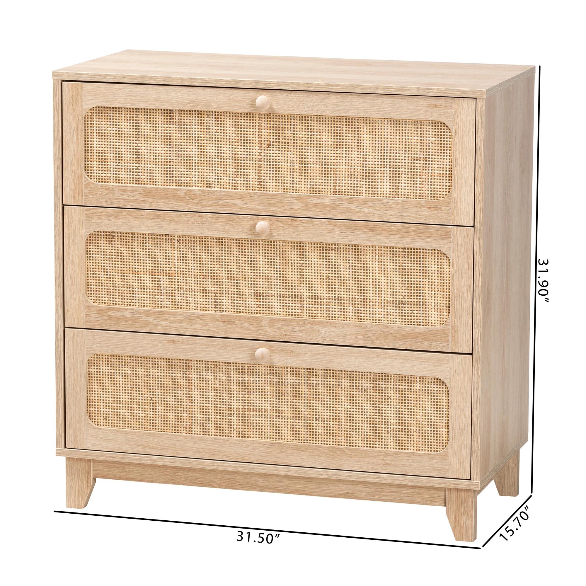 Baxton Studio Elsbeth Japandi Oak Brown Finished Wood and Natural Rattan 3-Drawer Storage Cabinet - Image 10
