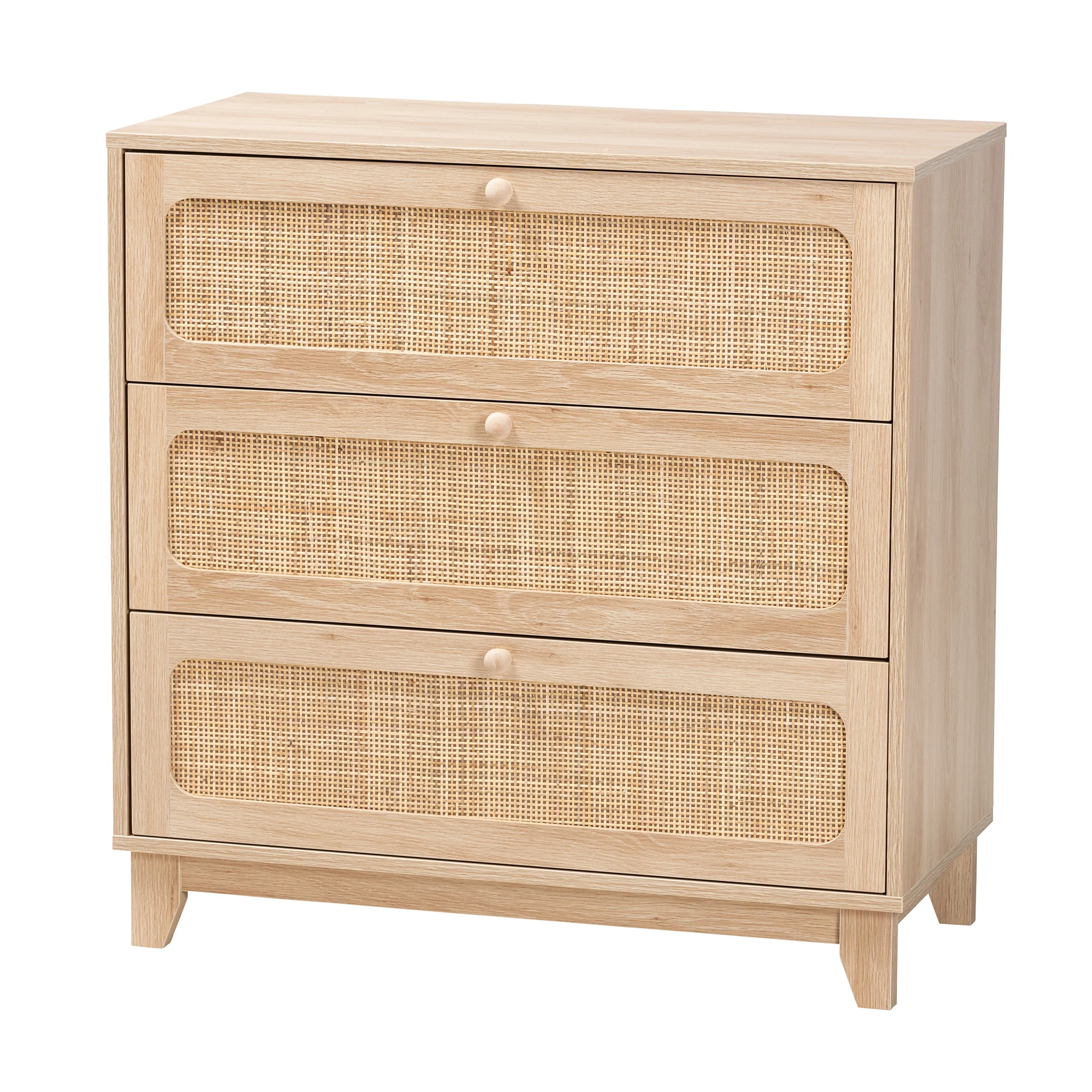 Baxton Studio Elsbeth Japandi Oak Brown Finished Wood and Natural Rattan 3-Drawer Storage Cabinet - Image 2