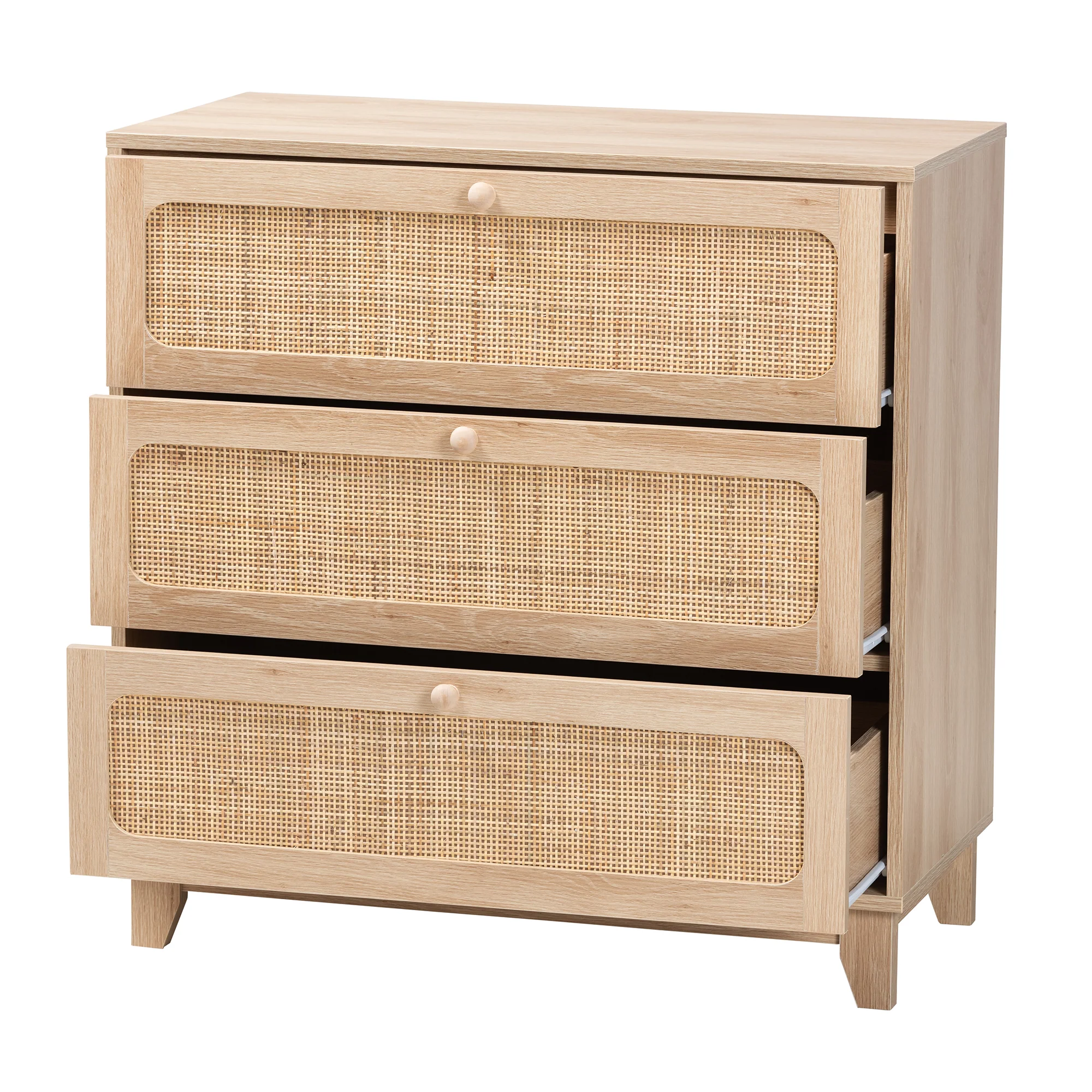 Baxton Studio Elsbeth Japandi Oak Brown Finished Wood and Natural Rattan 3-Drawer Storage Cabinet - Image 3