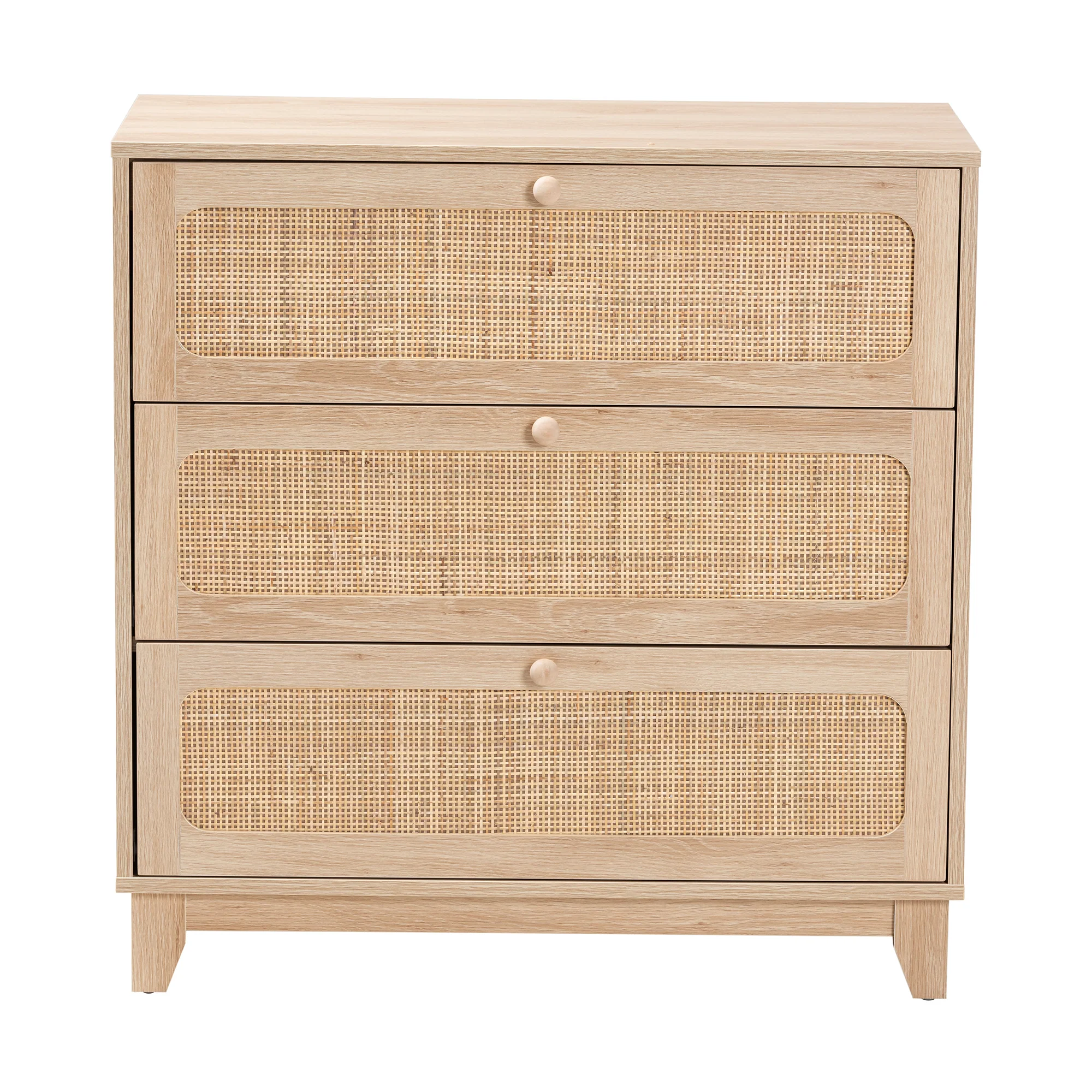 Baxton Studio Elsbeth Japandi Oak Brown Finished Wood and Natural Rattan 3-Drawer Storage Cabinet - Image 4