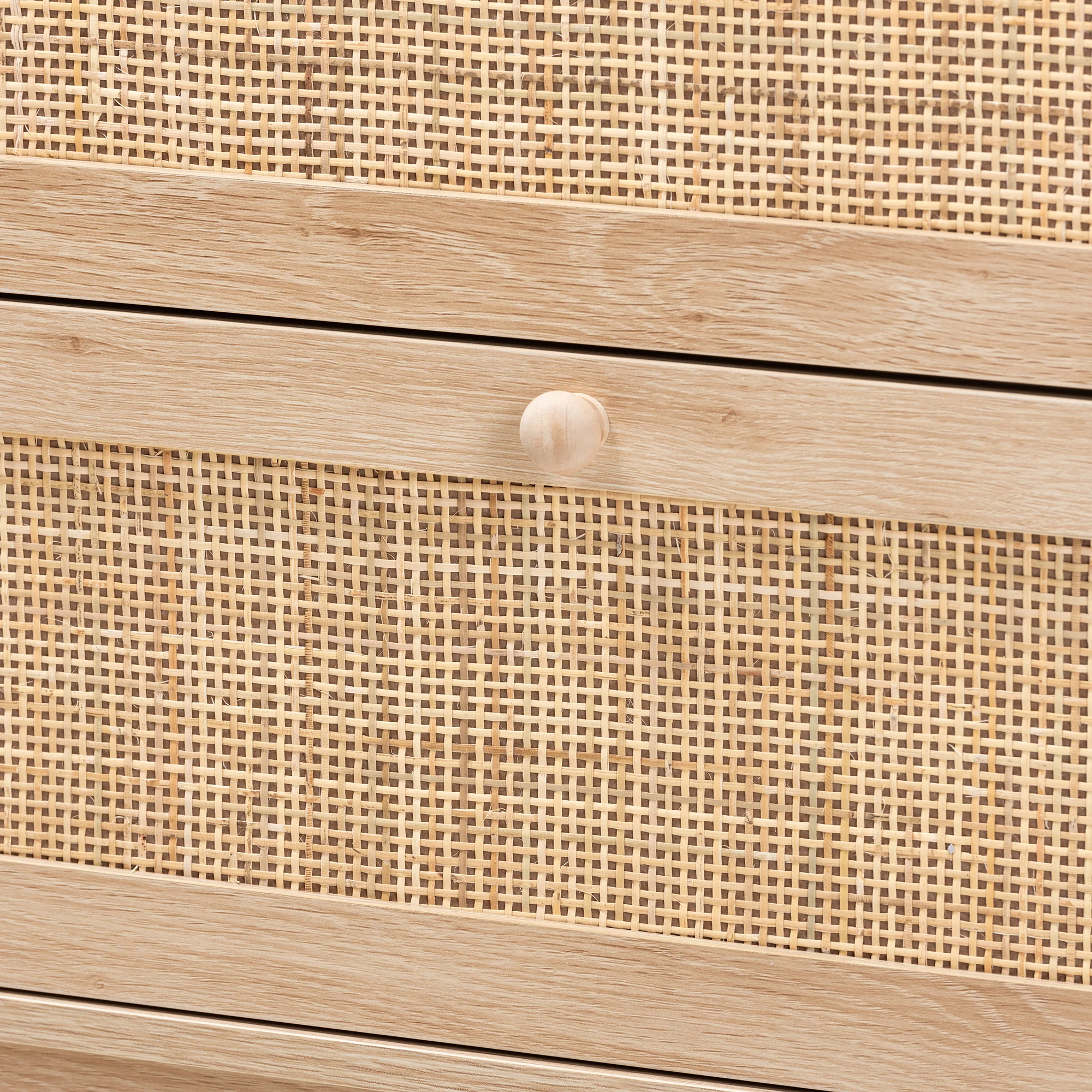 Baxton Studio Elsbeth Japandi Oak Brown Finished Wood and Natural Rattan 3-Drawer Storage Cabinet - Image 6