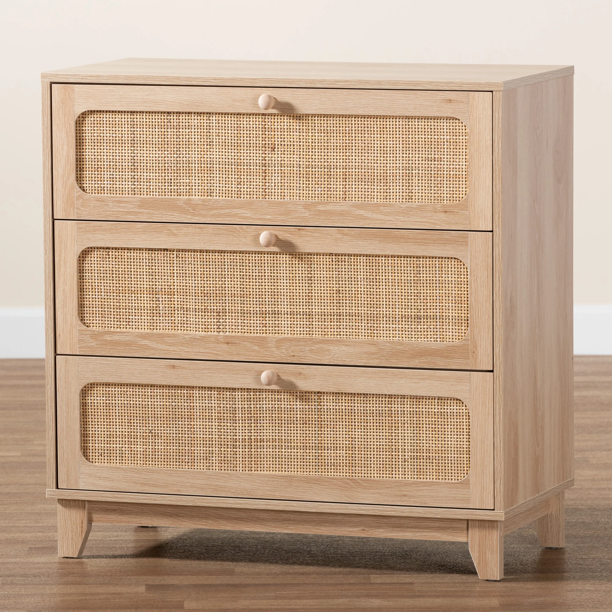 Baxton Studio Elsbeth Japandi Oak Brown Finished Wood and Natural Rattan 3-Drawer Storage Cabinet - Image 9