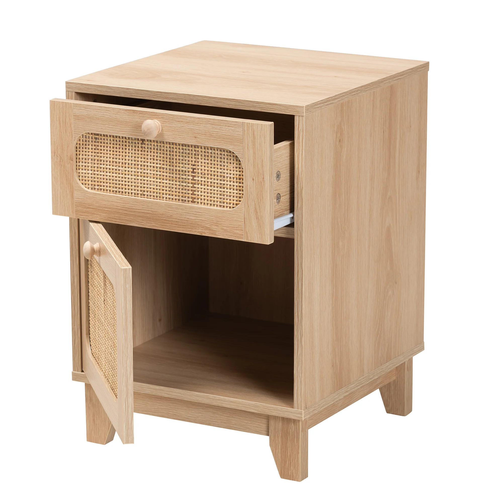 Baxton Studio Elsbeth Mid-Century Modern Light Brown Finished Wood and Natural Rattan 1-Drawer End Table - Image 3