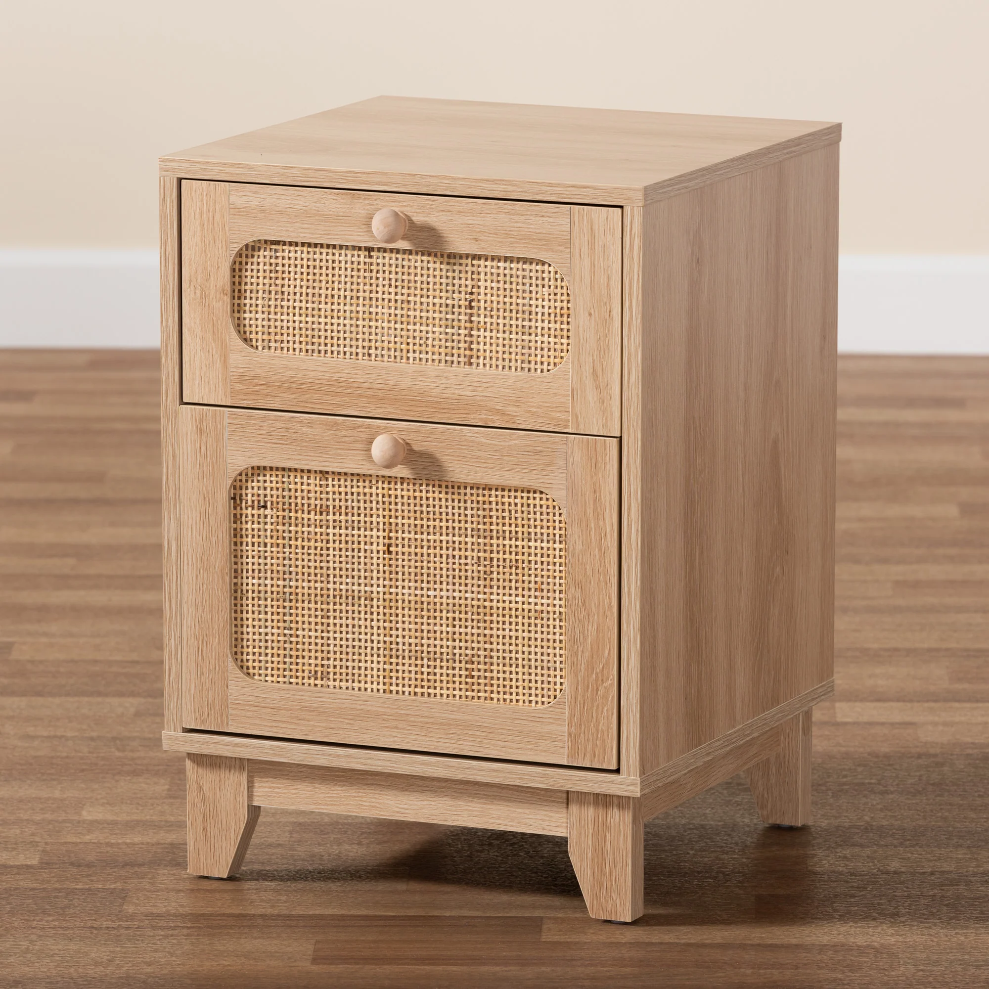 Baxton Studio Elsbeth Mid-Century Modern Light Brown Finished Wood and Natural Rattan 1-Drawer End Table - Image 9