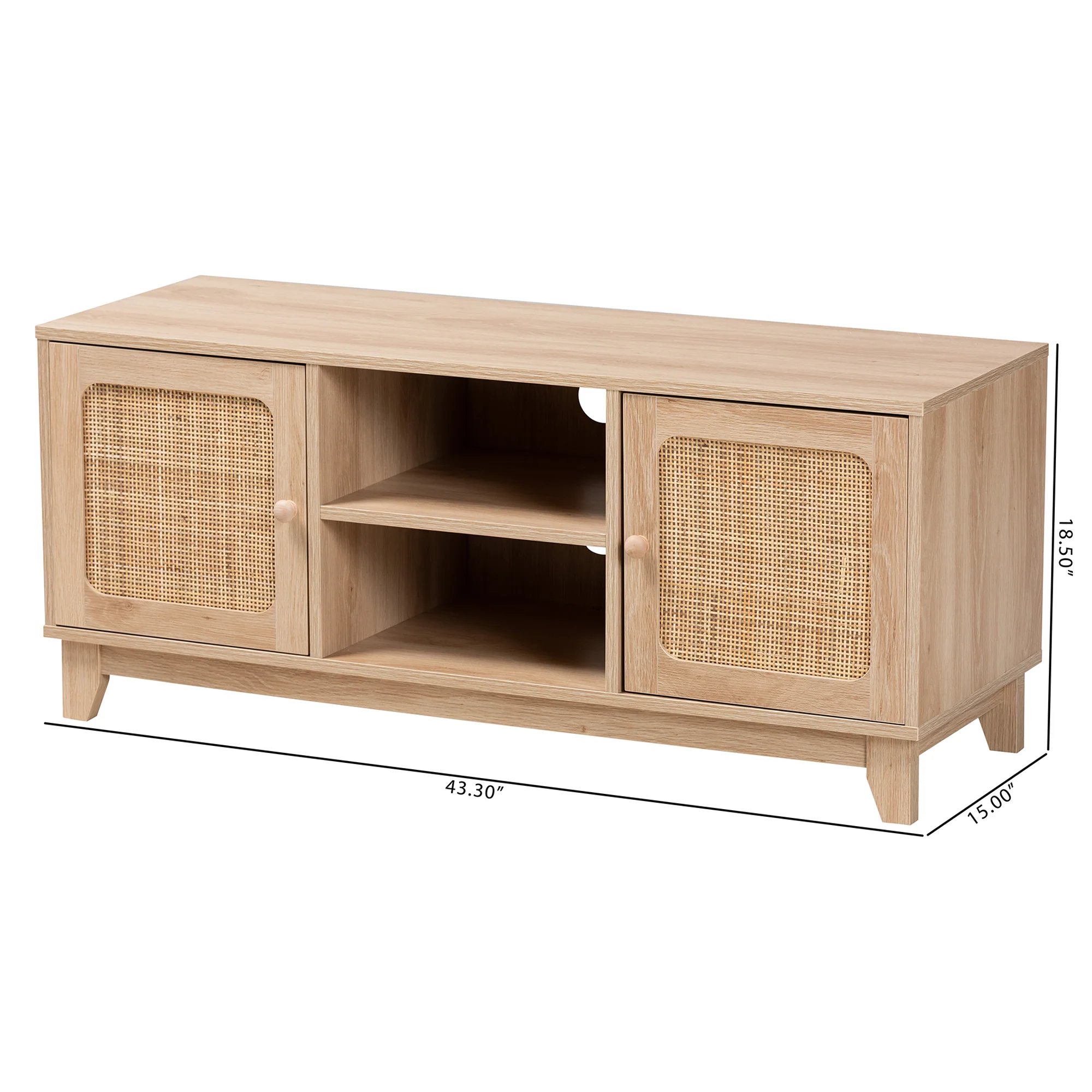 Baxton Studio Elsbeth Mid-Century Modern Light Brown Finished Wood and Natural Rattan 2-Door TV Stand - Image 10