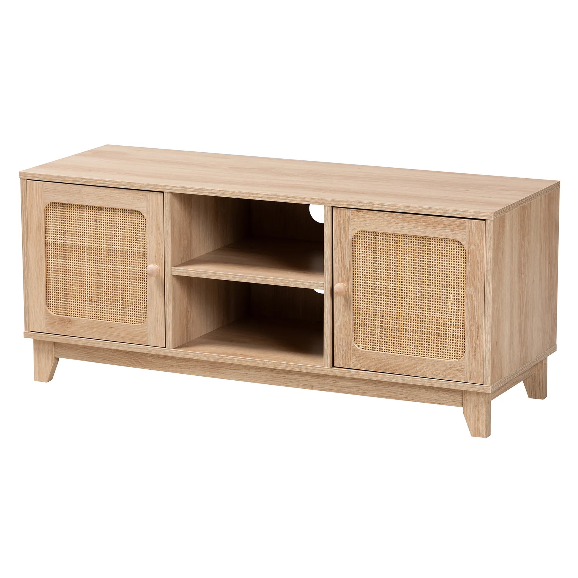 Baxton Studio Elsbeth Mid-Century Modern Light Brown Finished Wood and Natural Rattan 2-Door TV Stand - Image 2