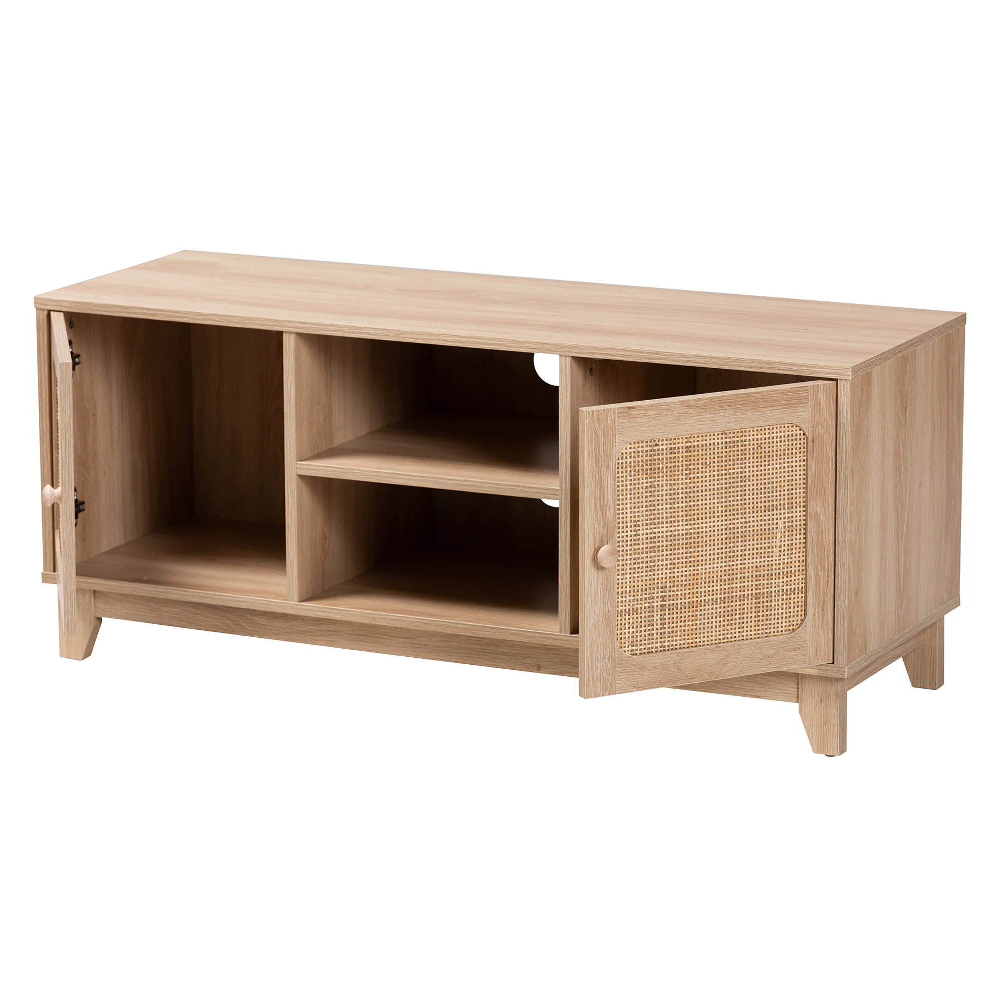 Baxton Studio Elsbeth Mid-Century Modern Light Brown Finished Wood and Natural Rattan 2-Door TV Stand - Image 3