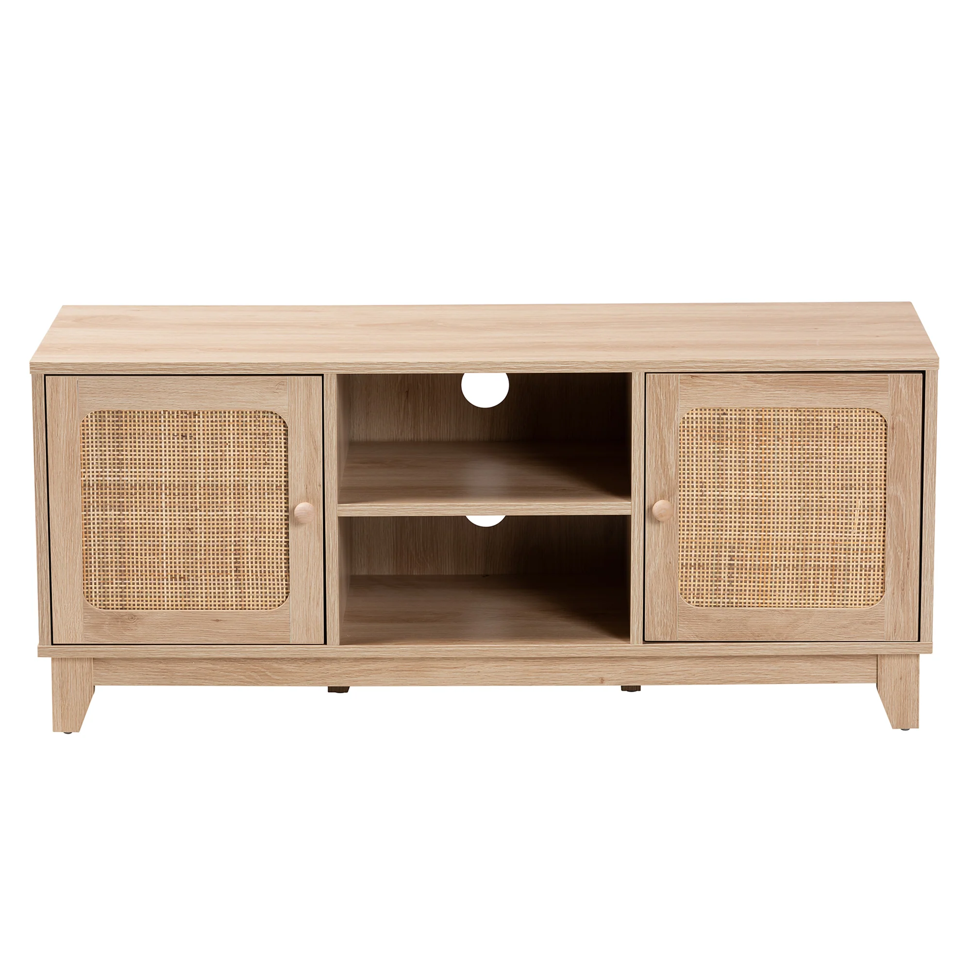 Baxton Studio Elsbeth Mid-Century Modern Light Brown Finished Wood and Natural Rattan 2-Door TV Stand - Image 4