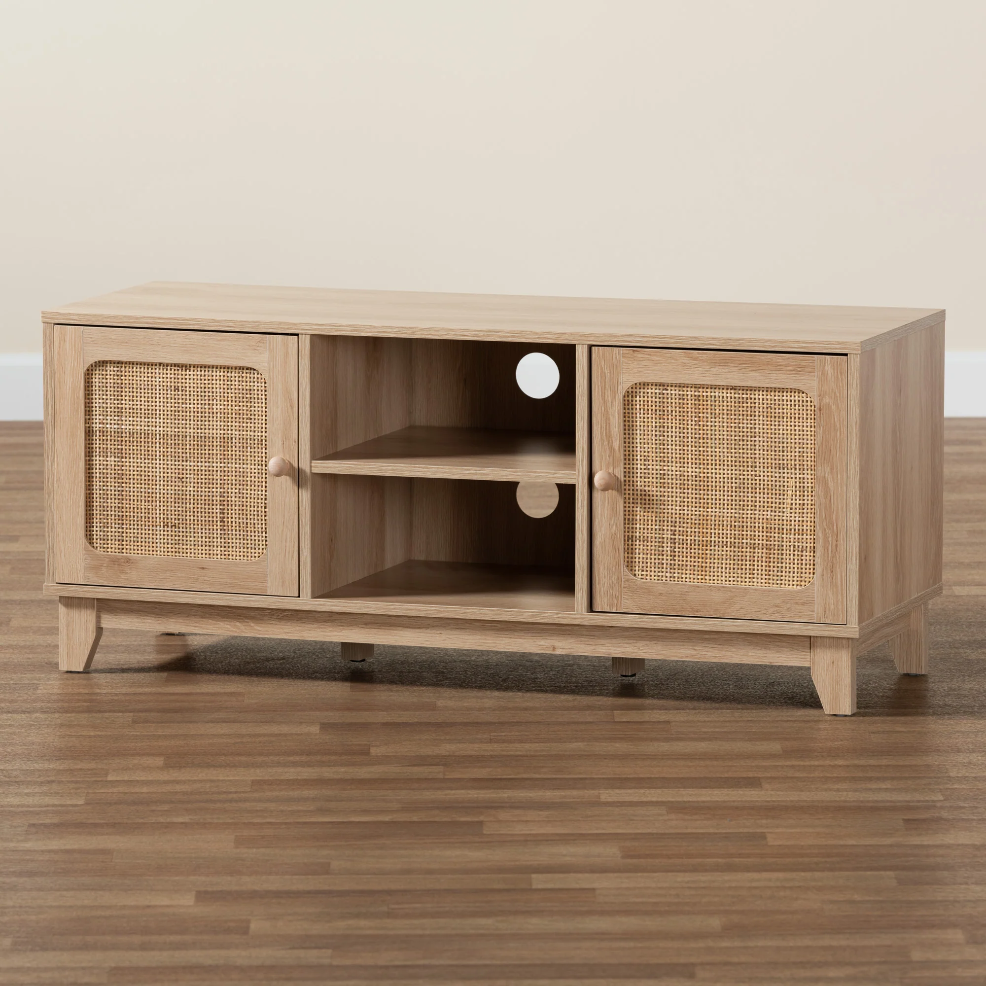 Baxton Studio Elsbeth Mid-Century Modern Light Brown Finished Wood and Natural Rattan 2-Door TV Stand - Image 9