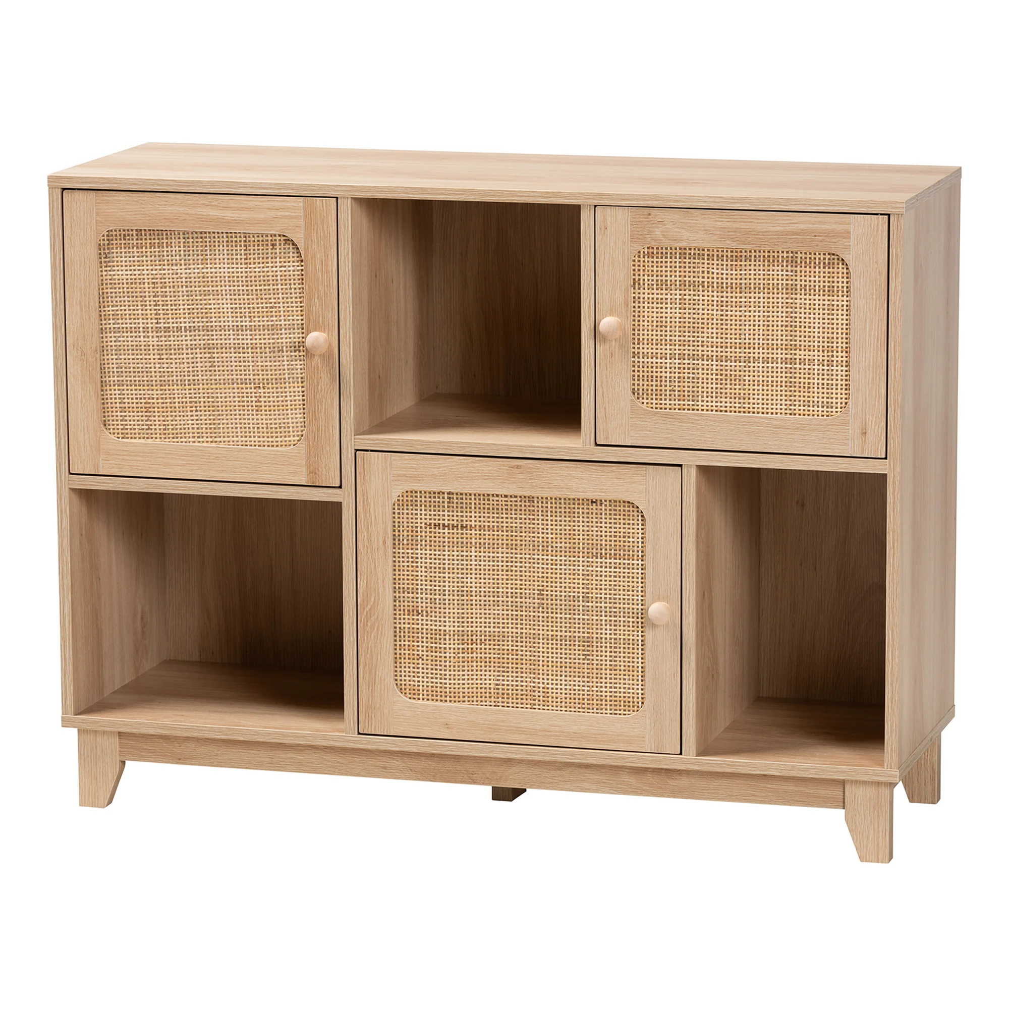 Baxton Studio Elsbeth Mid-Century Modern Light Brown Finished Wood and Natural Rattan 3-Door Sideboard - Image 2