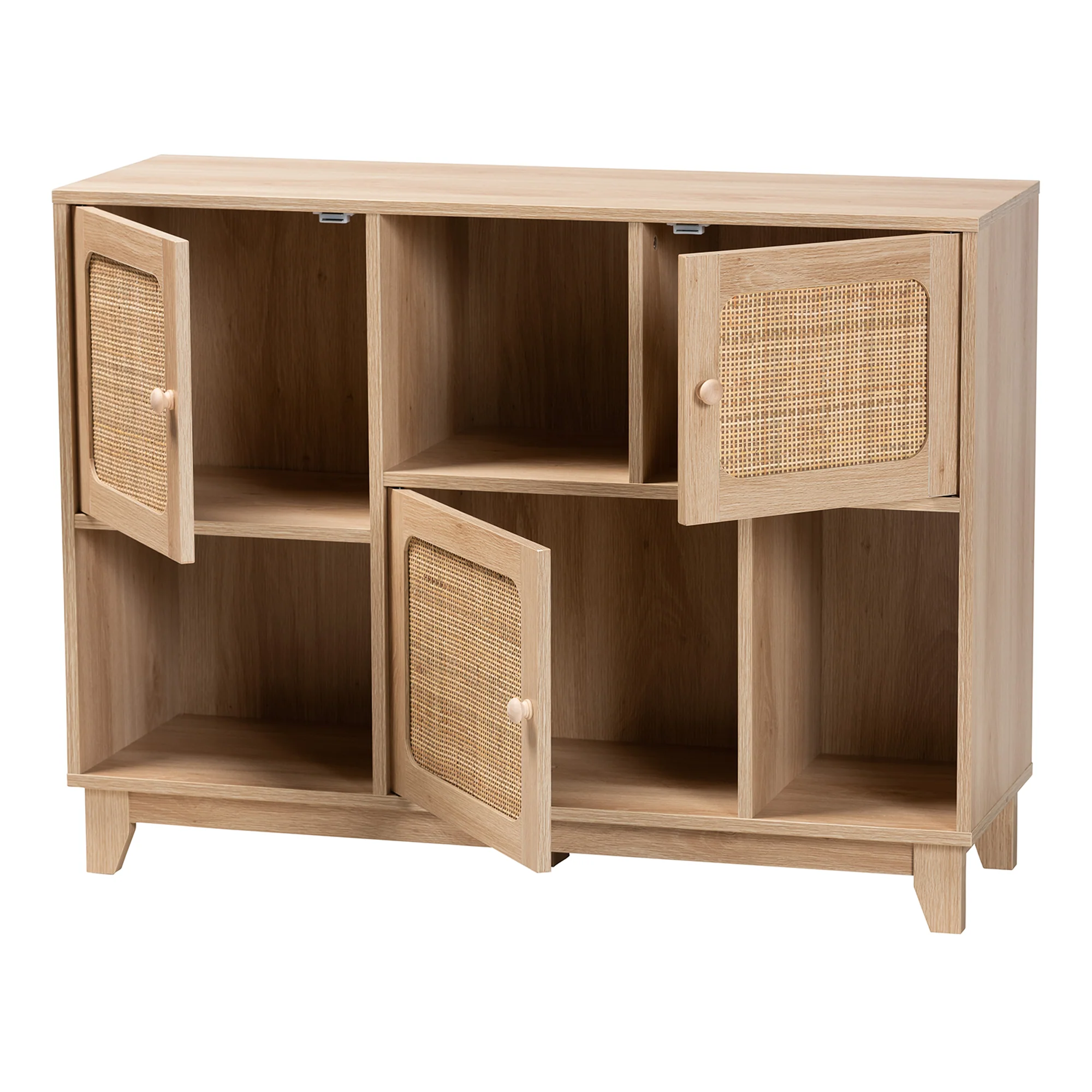 Baxton Studio Elsbeth Mid-Century Modern Light Brown Finished Wood and Natural Rattan 3-Door Sideboard - Image 3