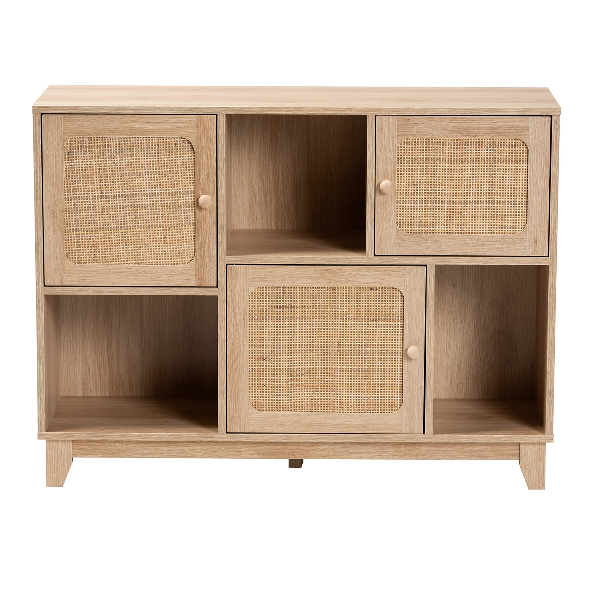 Baxton Studio Elsbeth Mid-Century Modern Light Brown Finished Wood and Natural Rattan 3-Door Sideboard - Image 4