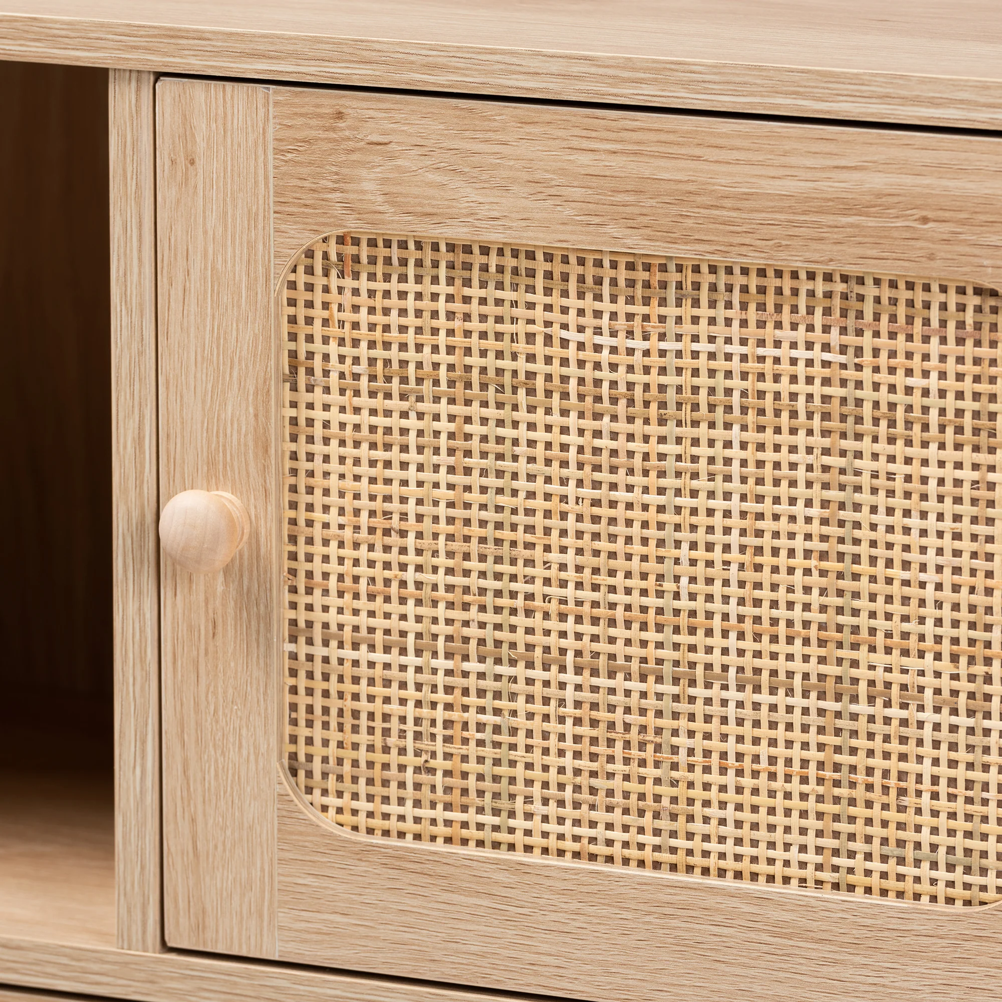 Baxton Studio Elsbeth Mid-Century Modern Light Brown Finished Wood and Natural Rattan 3-Door Sideboard - Image 6