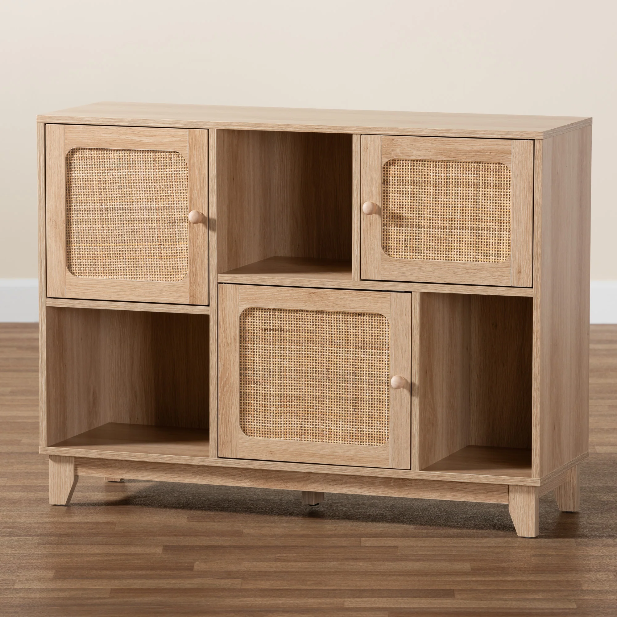 Baxton Studio Elsbeth Mid-Century Modern Light Brown Finished Wood and Natural Rattan 3-Door Sideboard - Image 9
