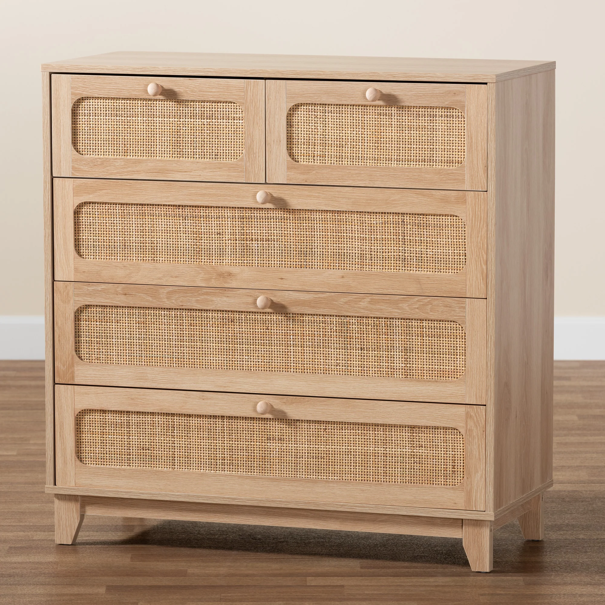 Baxton Studio Elsbeth Mid-Century Modern Oak Brown Finished Wood and Natural Rattan 5-Drawer Storage Cabinet - Image 2