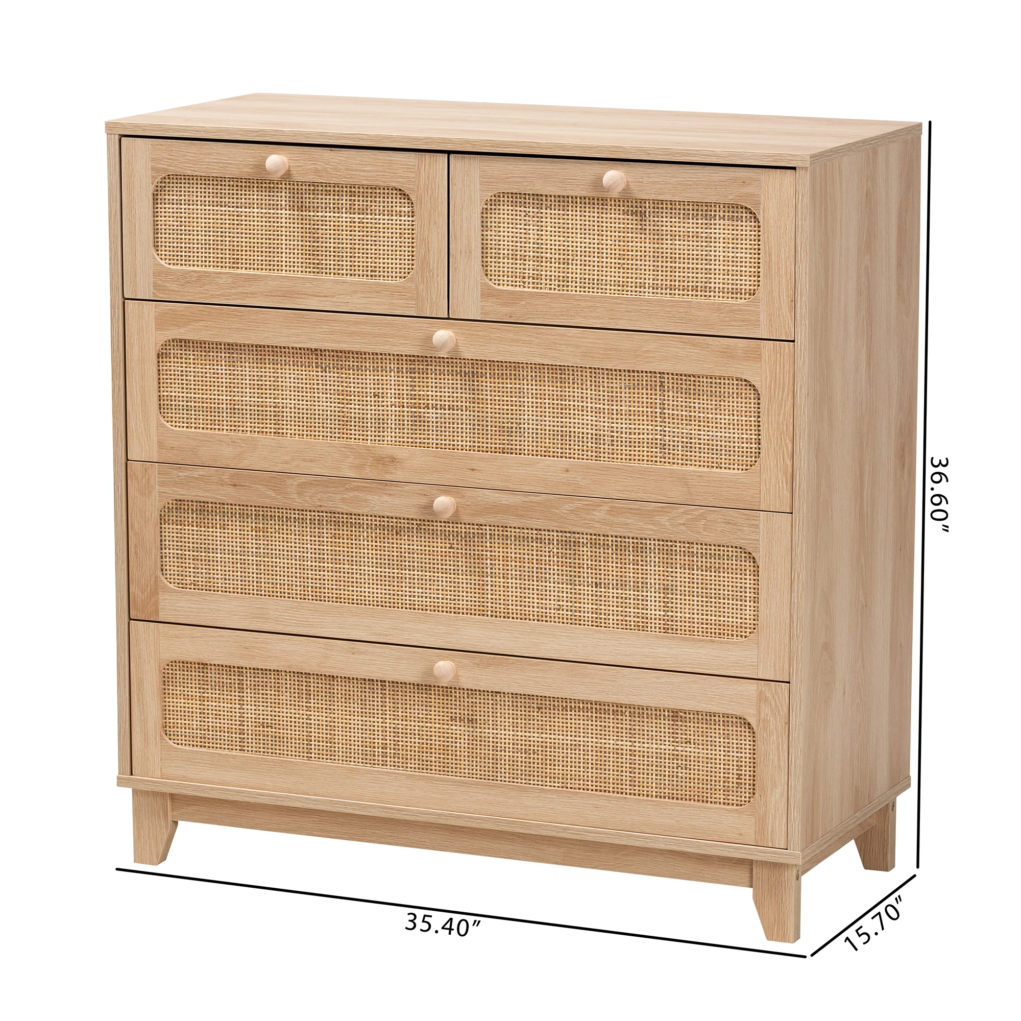 Baxton Studio Elsbeth Mid-Century Modern Oak Brown Finished Wood and Natural Rattan 5-Drawer Storage Cabinet - Image 3