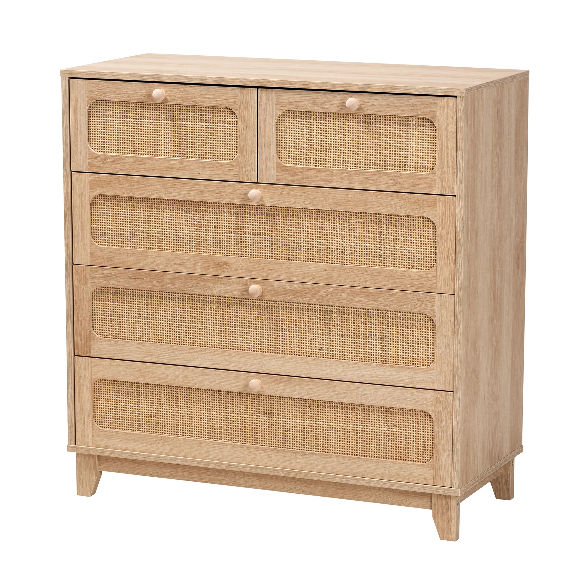 Baxton Studio Elsbeth Mid-Century Modern Oak Brown Finished Wood and Natural Rattan 5-Drawer Storage Cabinet - Image 4