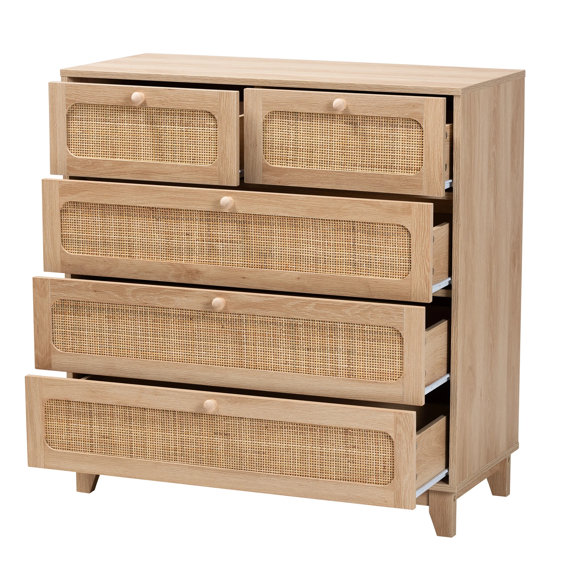 Baxton Studio Elsbeth Mid-Century Modern Oak Brown Finished Wood and Natural Rattan 5-Drawer Storage Cabinet - Image 5