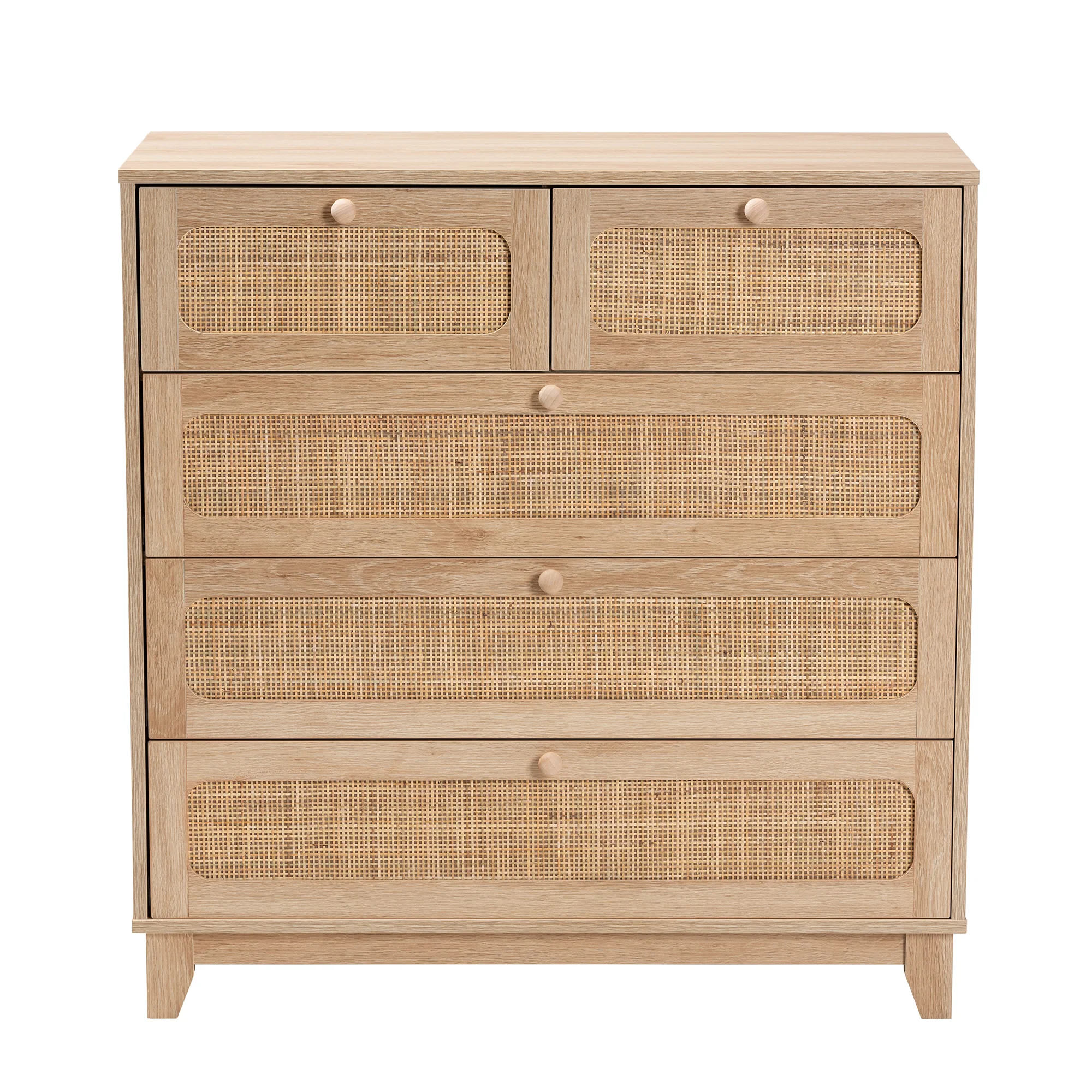 Baxton Studio Elsbeth Mid-Century Modern Oak Brown Finished Wood and Natural Rattan 5-Drawer Storage Cabinet - Image 6
