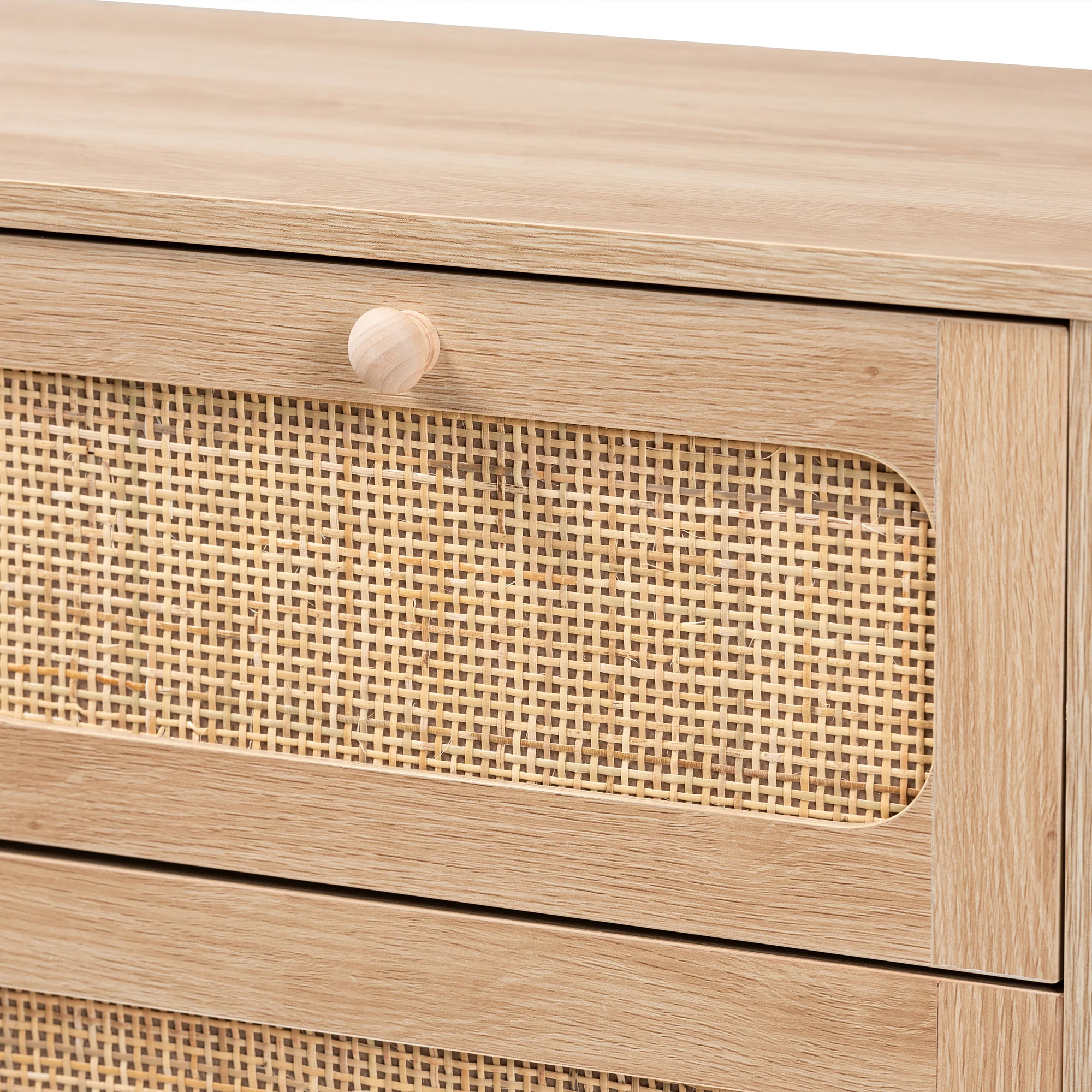 Baxton Studio Elsbeth Mid-Century Modern Oak Brown Finished Wood and Natural Rattan 5-Drawer Storage Cabinet - Image 8