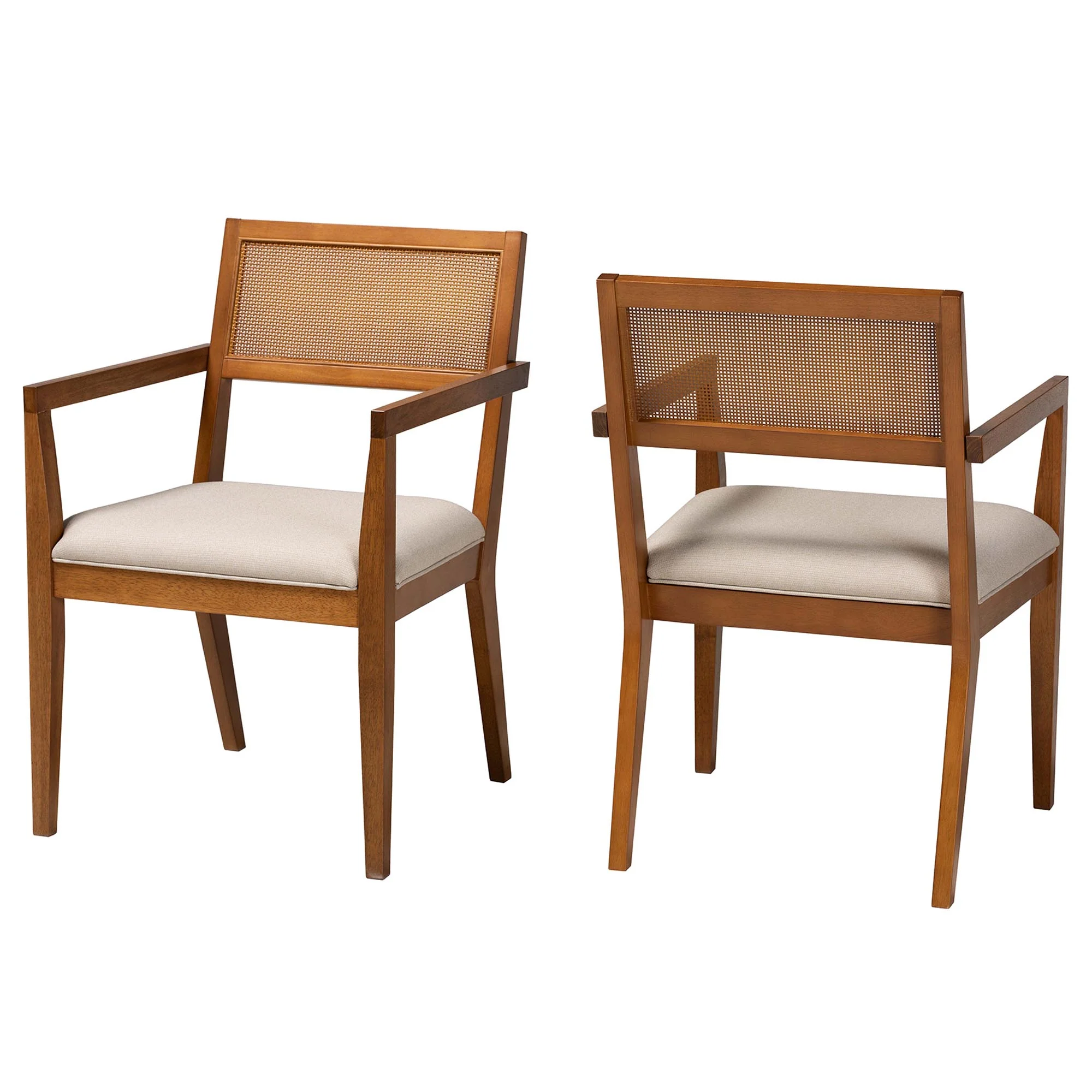 Baxton Studio Emilia Modern Japandi Beige Fabric and Walnut Brown Finished Wood 2-Piece Arm Chair Set with Woven Rattan - Image 2