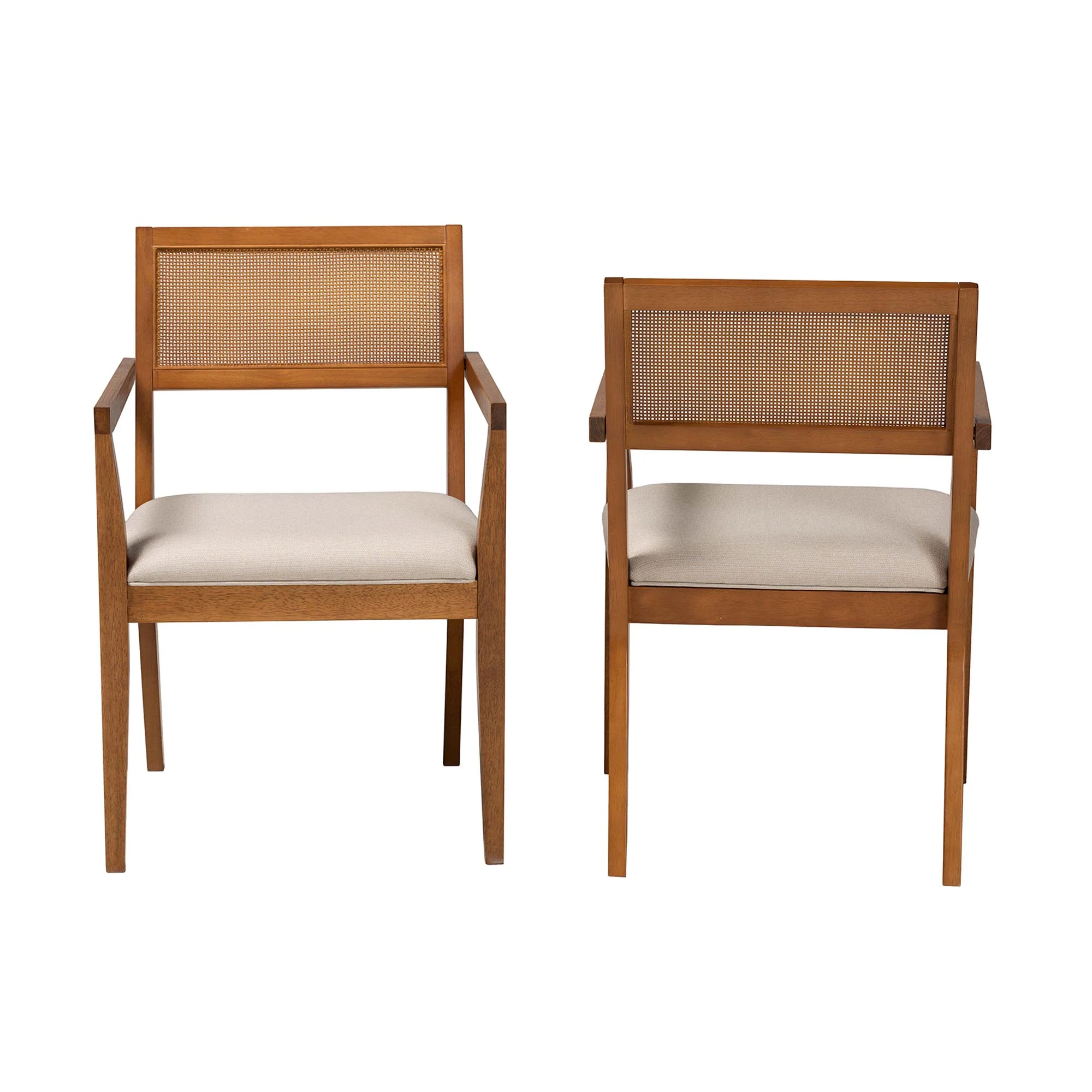 Baxton Studio Emilia Modern Japandi Beige Fabric and Walnut Brown Finished Wood 2-Piece Arm Chair Set with Woven Rattan - Image 3