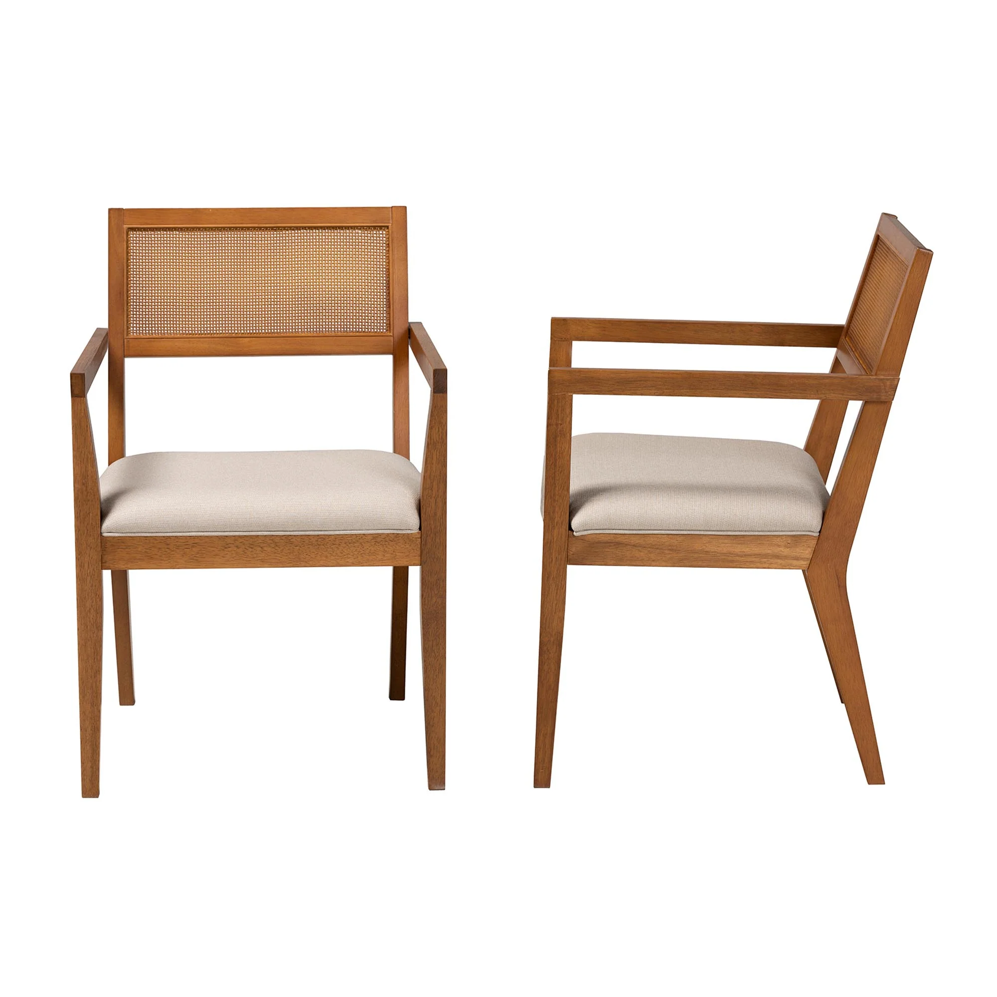 Baxton Studio Emilia Modern Japandi Beige Fabric and Walnut Brown Finished Wood 2-Piece Arm Chair Set with Woven Rattan - Image 4