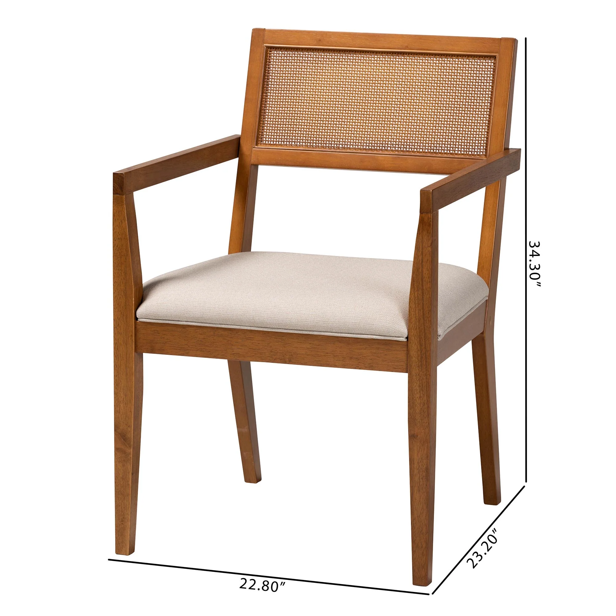 Baxton Studio Emilia Modern Japandi Beige Fabric and Walnut Brown Finished Wood 2-Piece Arm Chair Set with Woven Rattan - Image 8