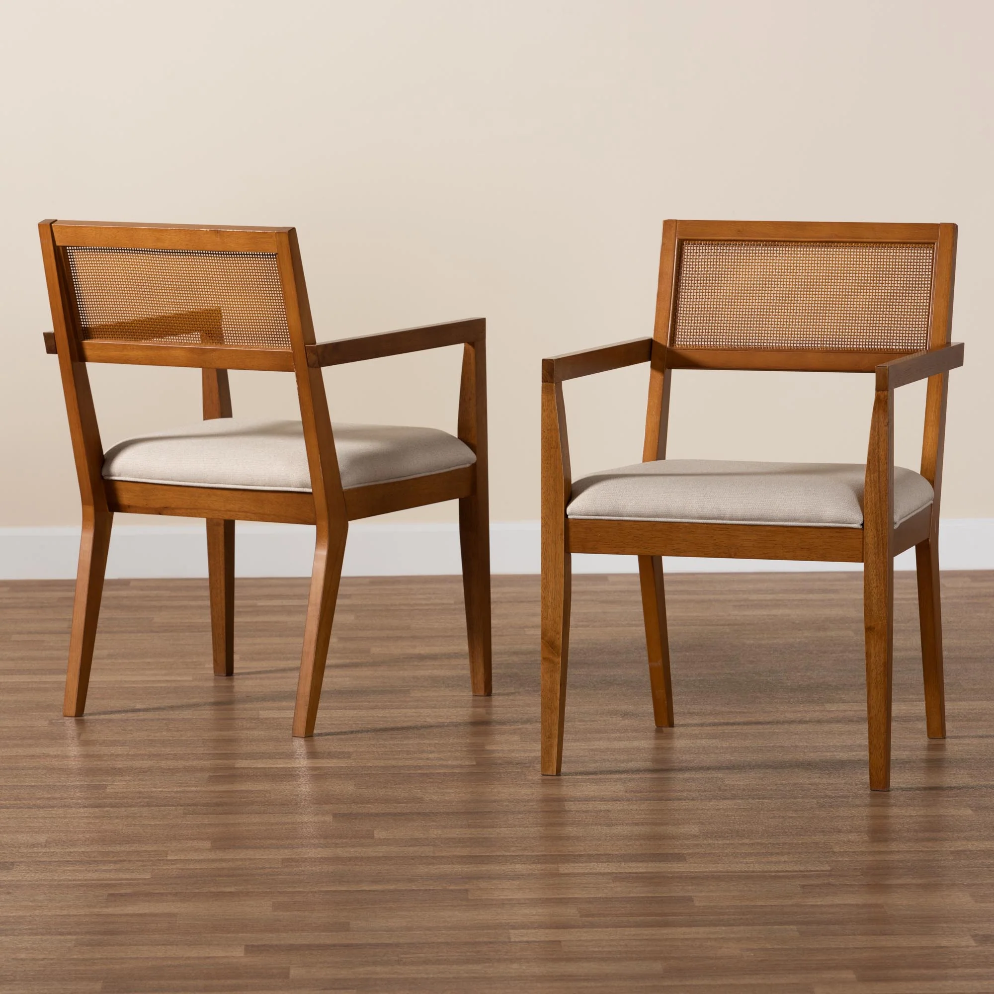 Baxton Studio Emilia Modern Japandi Beige Fabric and Walnut Brown Finished Wood 2-Piece Arm Chair Set with Woven Rattan - Image 9