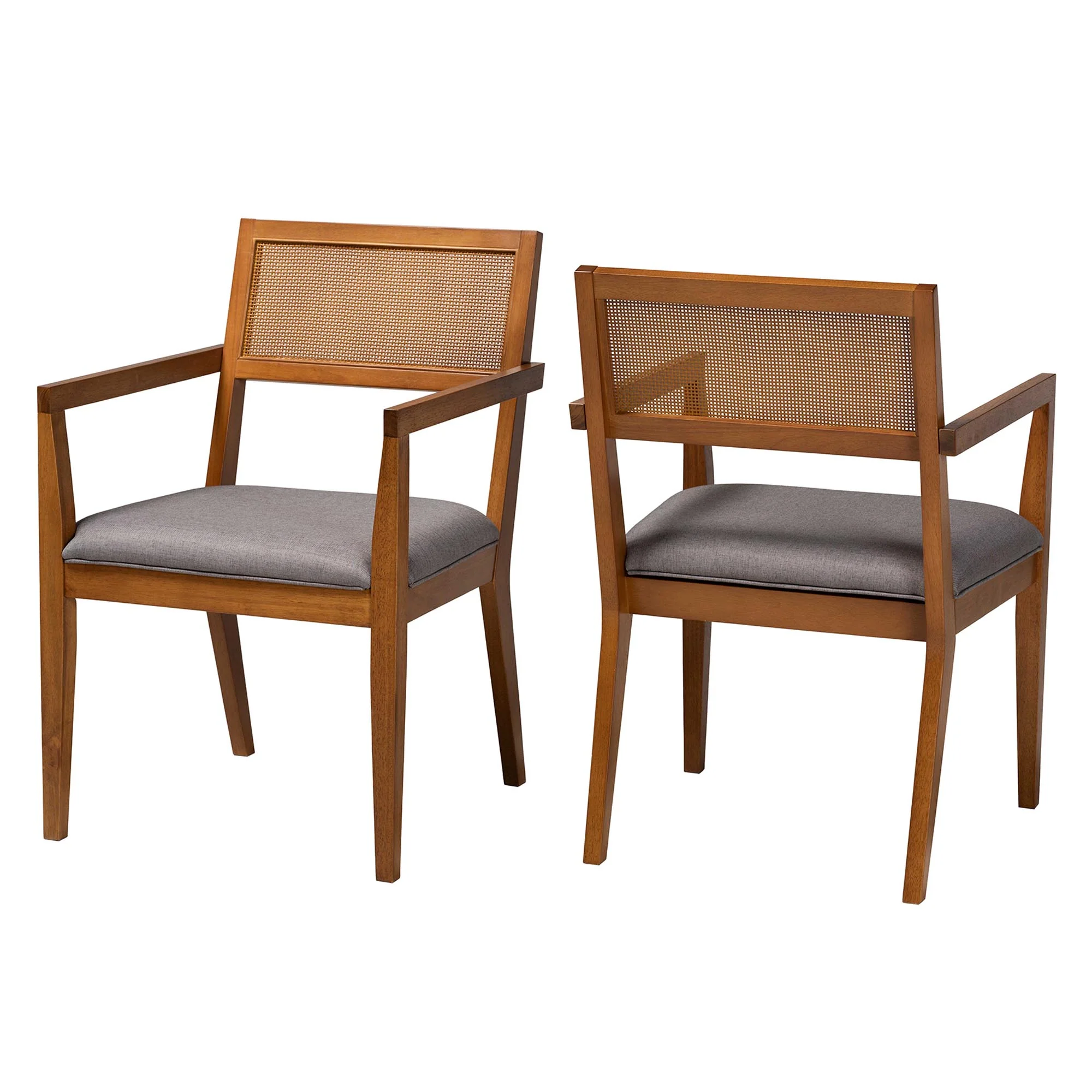 Baxton Studio Emilia Modern Japandi Grey Fabric and Walnut Brown Finished Wood 2-Piece Arm Chair Set with Woven Rattan - Image 2