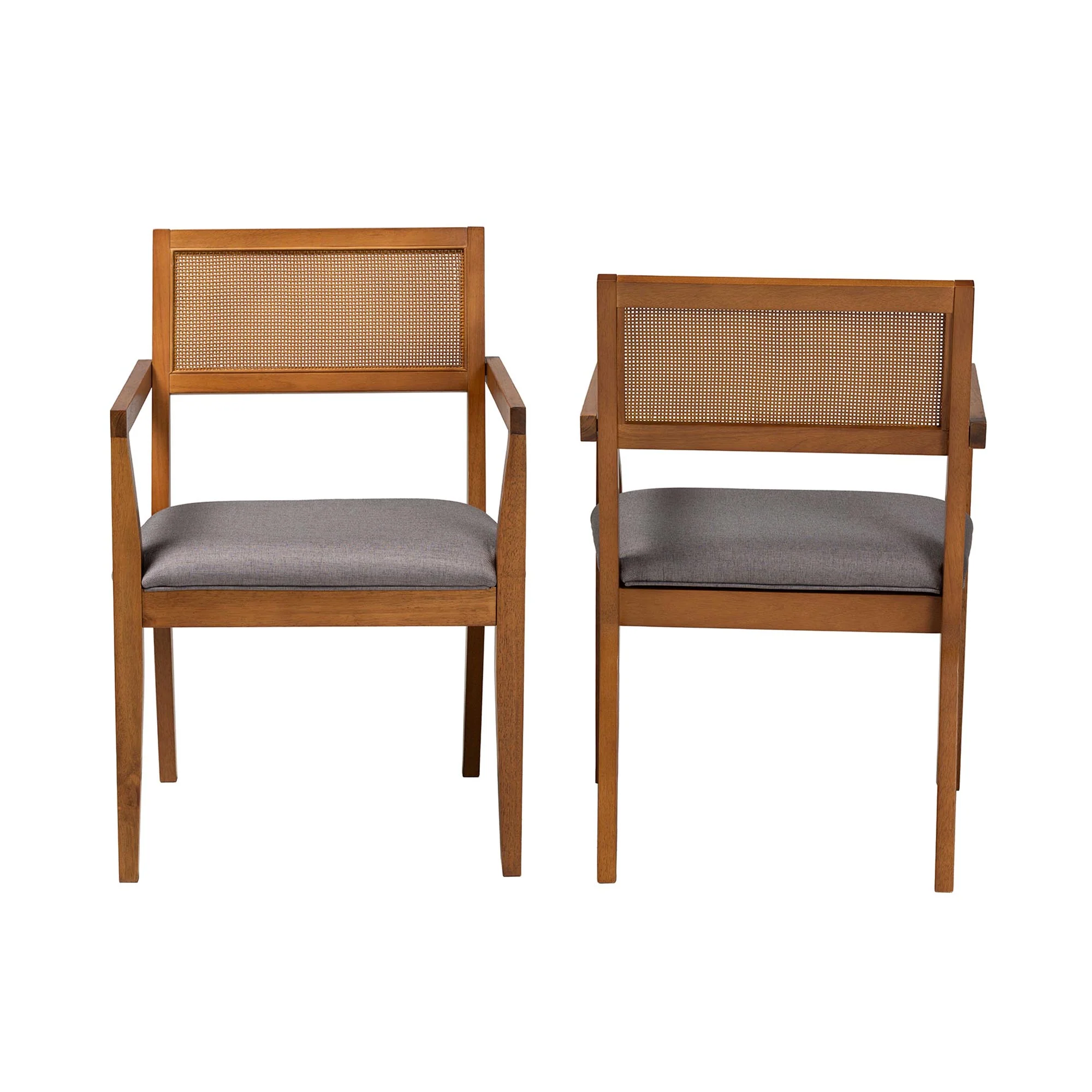 Baxton Studio Emilia Modern Japandi Grey Fabric and Walnut Brown Finished Wood 2-Piece Arm Chair Set with Woven Rattan - Image 3