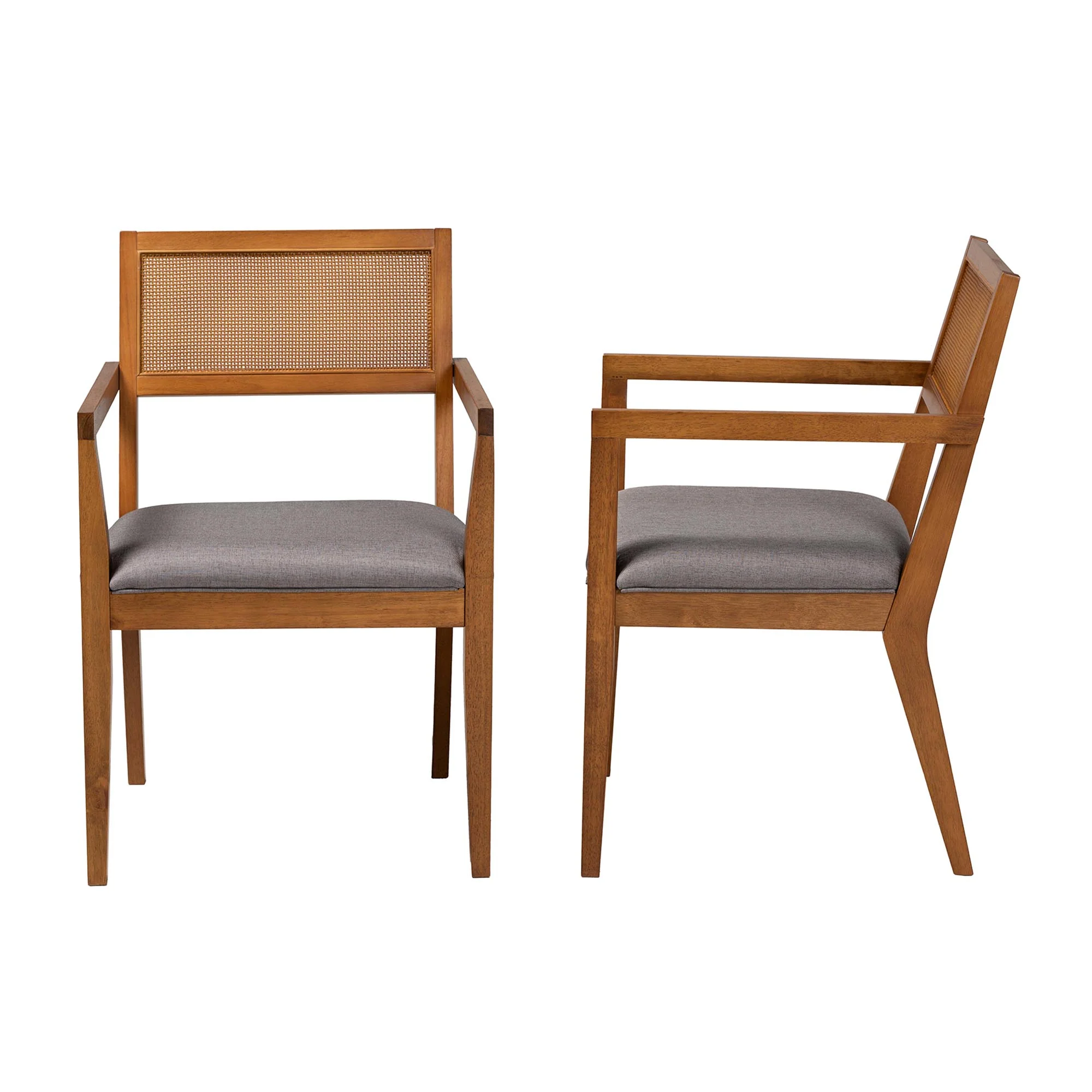 Baxton Studio Emilia Modern Japandi Grey Fabric and Walnut Brown Finished Wood 2-Piece Arm Chair Set with Woven Rattan - Image 4
