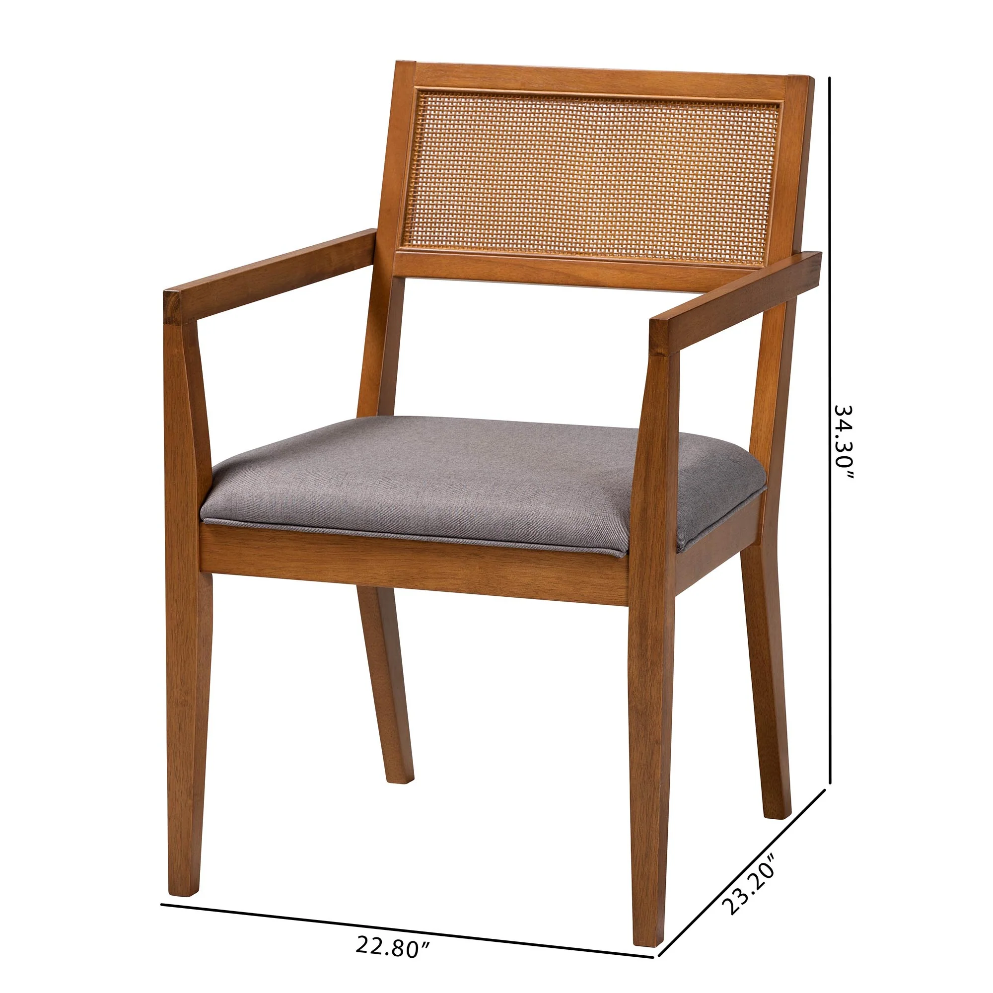 Baxton Studio Emilia Modern Japandi Grey Fabric and Walnut Brown Finished Wood 2-Piece Arm Chair Set with Woven Rattan - Image 8