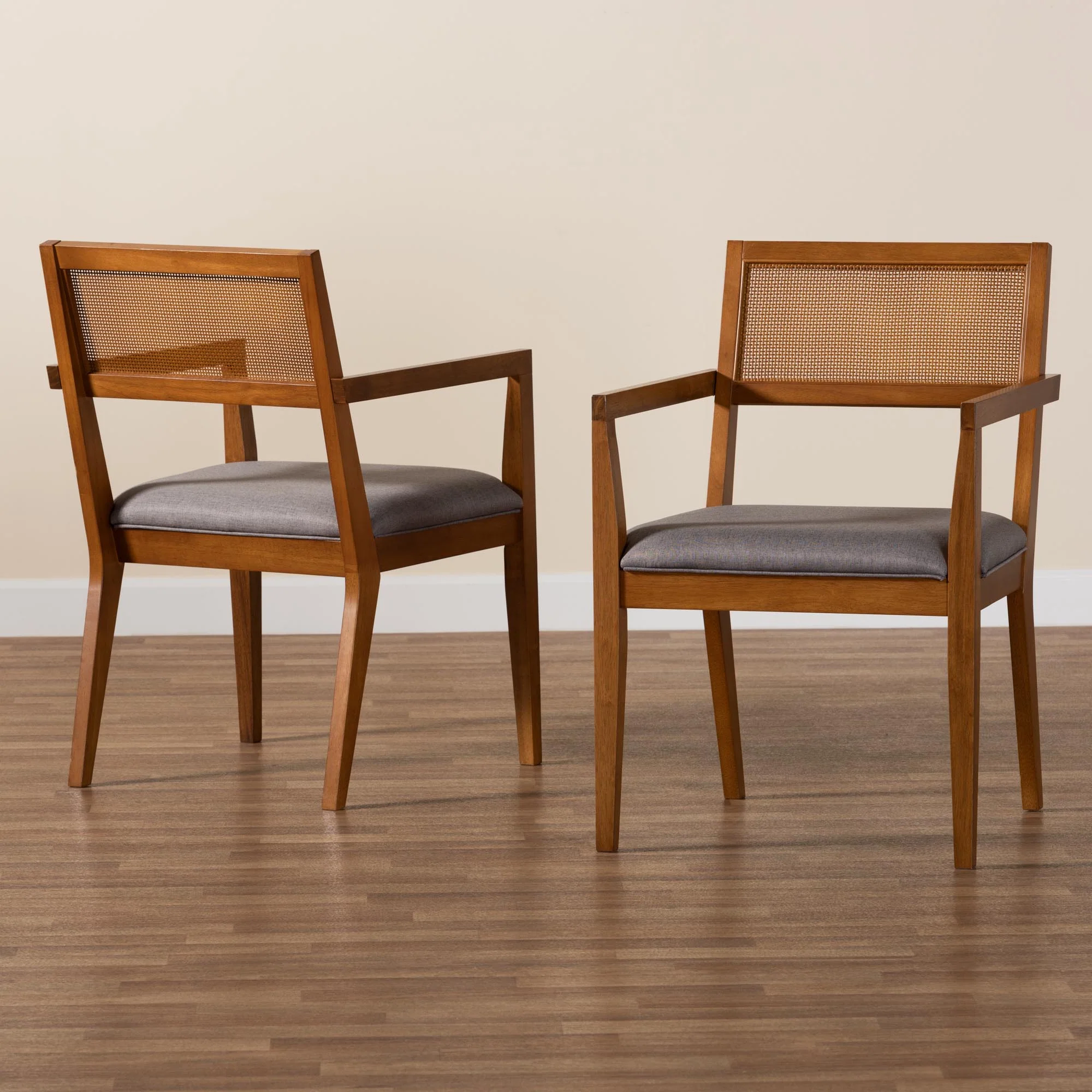 Baxton Studio Emilia Modern Japandi Grey Fabric and Walnut Brown Finished Wood 2-Piece Arm Chair Set with Woven Rattan - Image 9