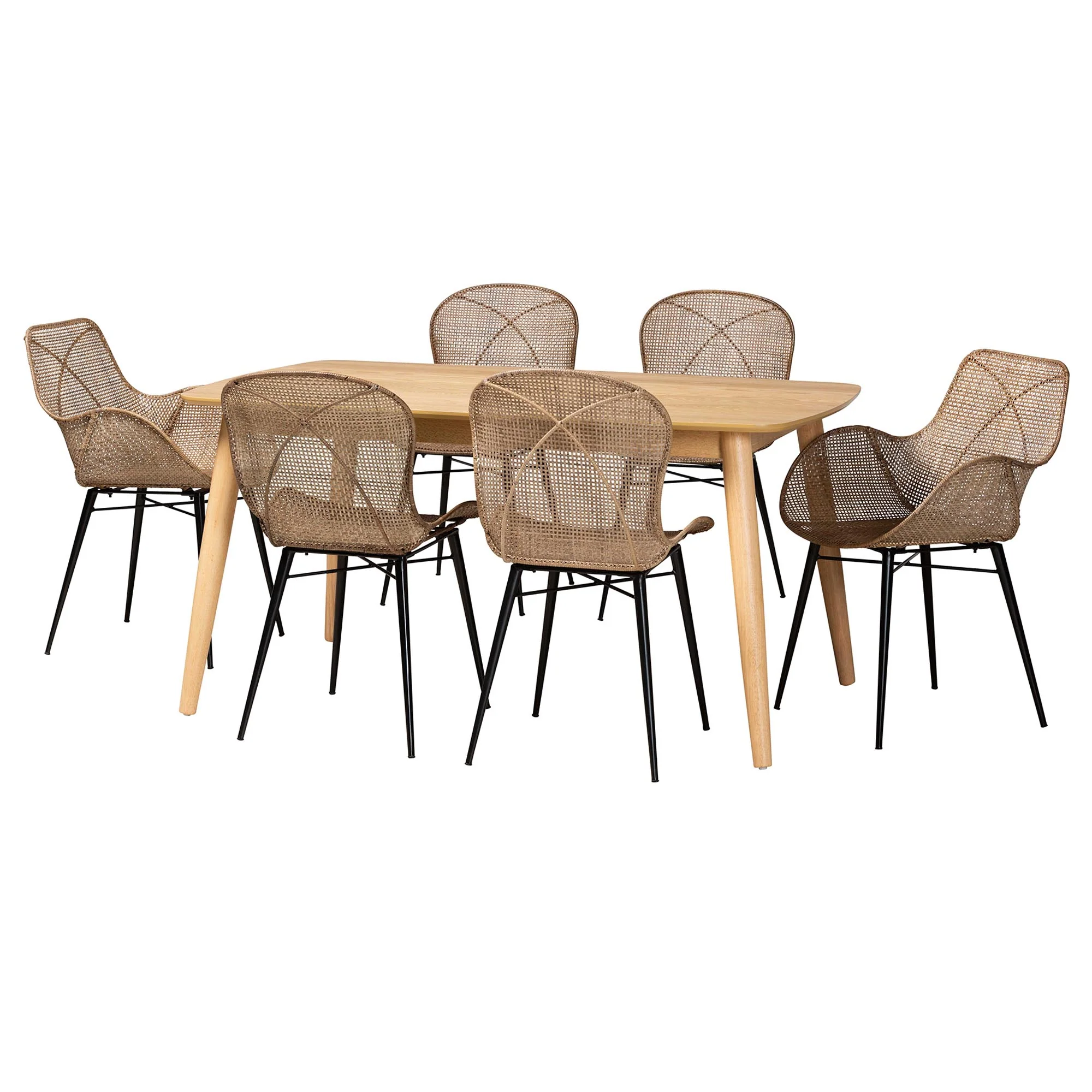 Baxton Studio Emmali Modern Bohemian Greywashed Rattan and Natural Brown Finished Wood 7-Piece Dining Set - Image 2