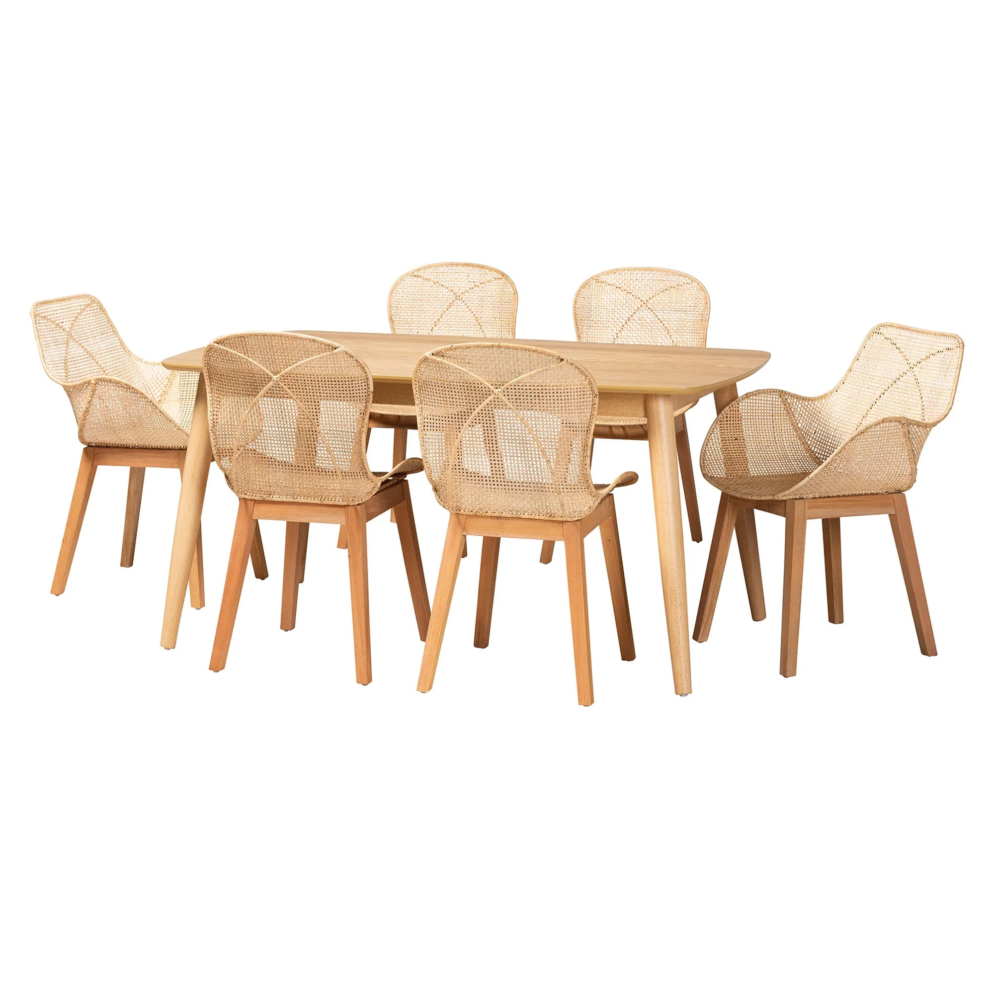 Baxton Studio Emmali Modern Bohemian Natural Brown Finished Wood and Rattan 7-Piece Dining Set - Image 2