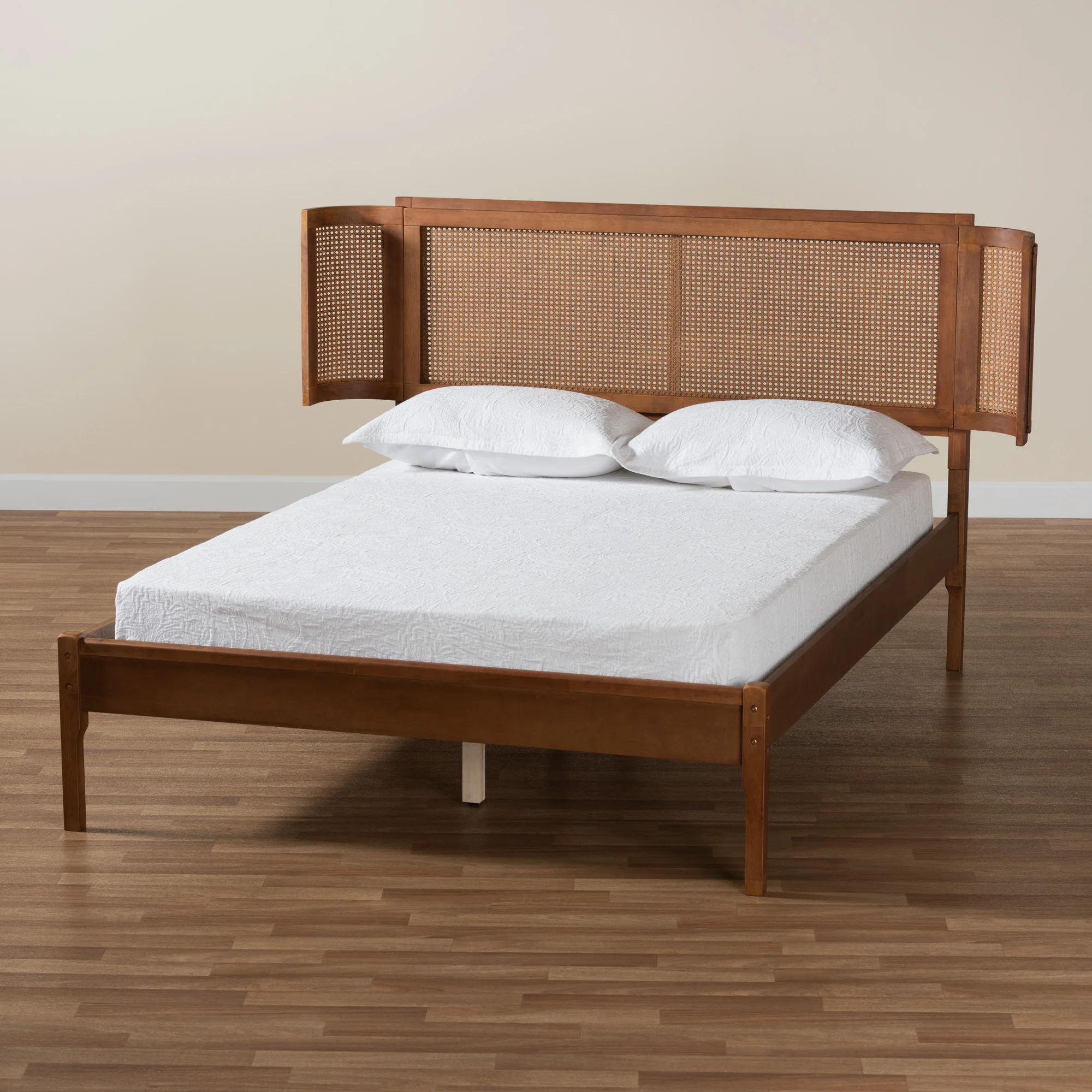 Baxton Studio Eridian Mid-Century Modern Walnut Brown Finished Wood and Natural Rattan Full Size Platform Bed - Image 10
