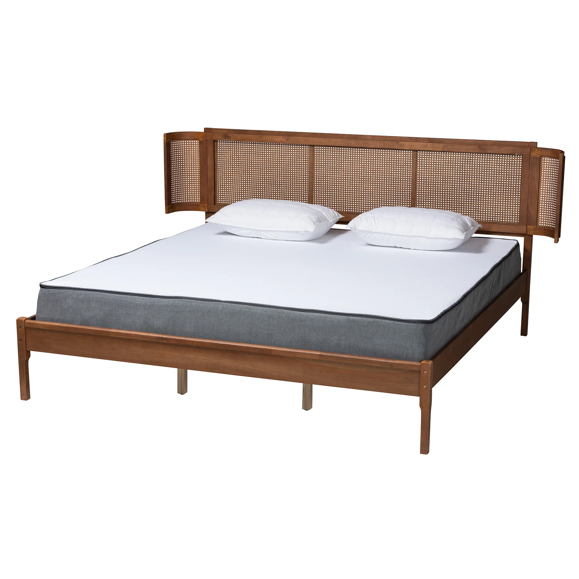 Baxton Studio Eridian Mid-Century Modern Walnut Brown Finished Wood and Natural Rattan King Size Platform Bed - Image 2