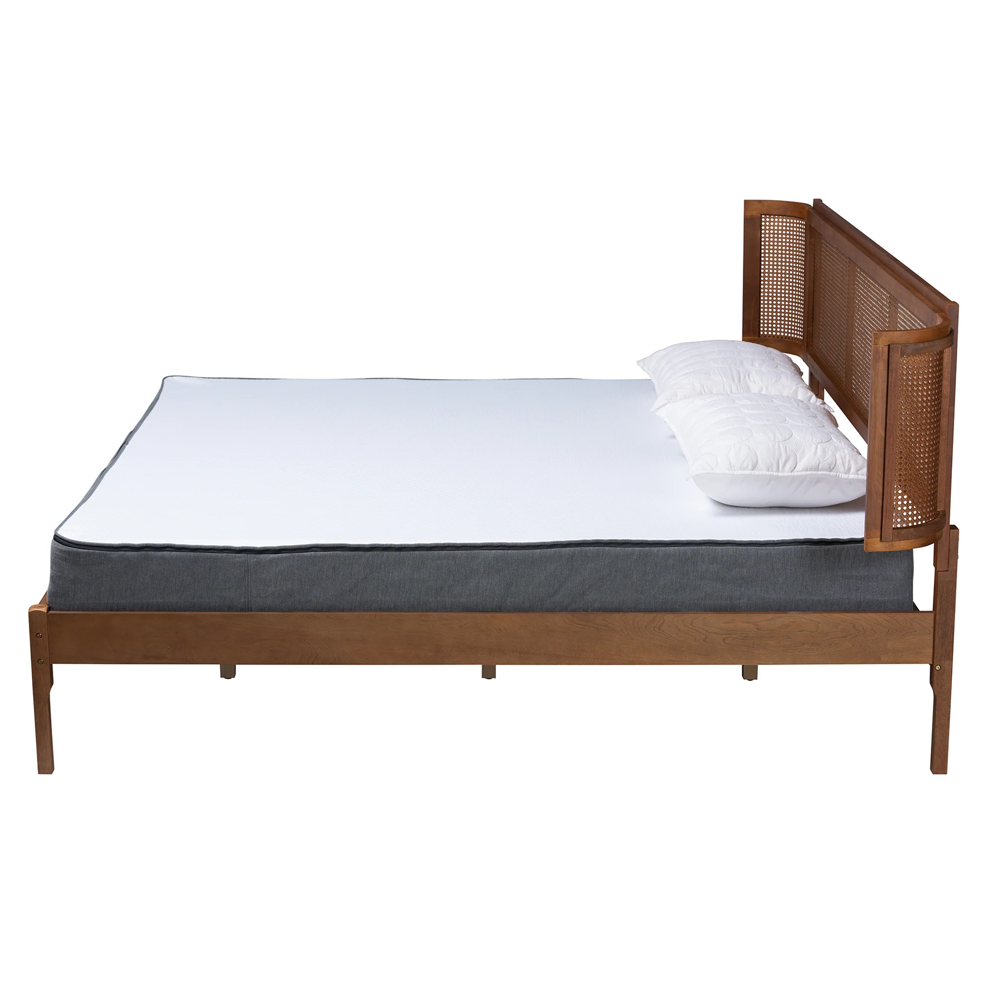 Baxton Studio Eridian Mid-Century Modern Walnut Brown Finished Wood and Natural Rattan King Size Platform Bed - Image 3