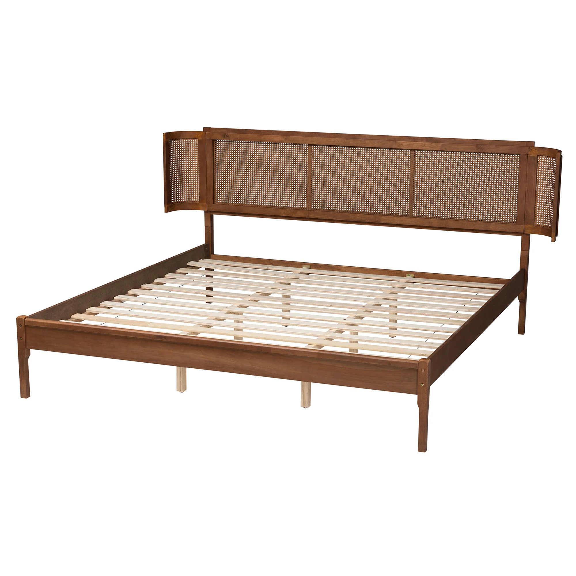 Baxton Studio Eridian Mid-Century Modern Walnut Brown Finished Wood and Natural Rattan King Size Platform Bed - Image 4