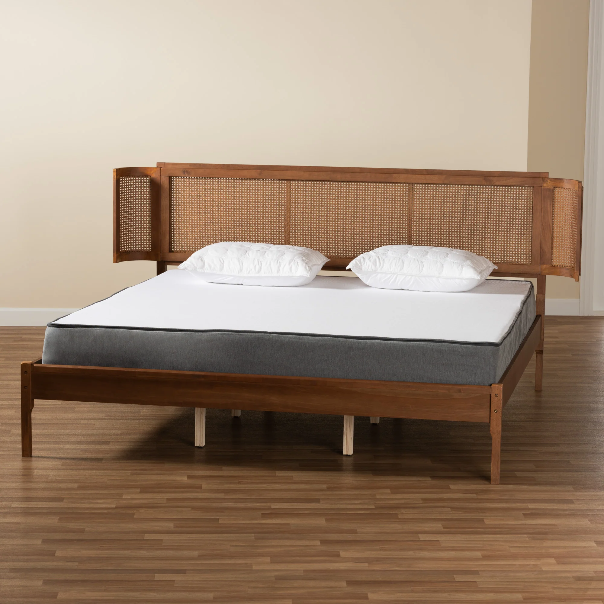 Baxton Studio Eridian Mid-Century Modern Walnut Brown Finished Wood and Natural Rattan King Size Platform Bed - Image 9