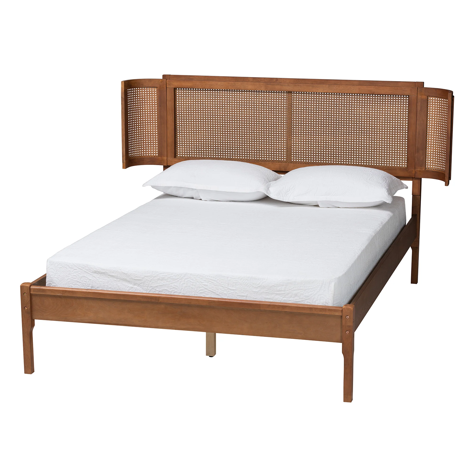 Baxton Studio Eridian Mid-Century Modern Walnut Brown Finished Wood and Natural Rattan Queen Size Platform Bed - Image 2