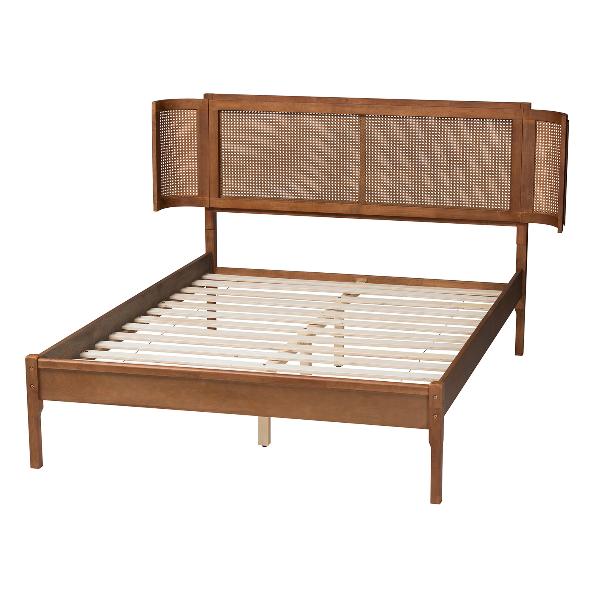 Baxton Studio Eridian Mid-Century Modern Walnut Brown Finished Wood and Natural Rattan Queen Size Platform Bed - Image 4