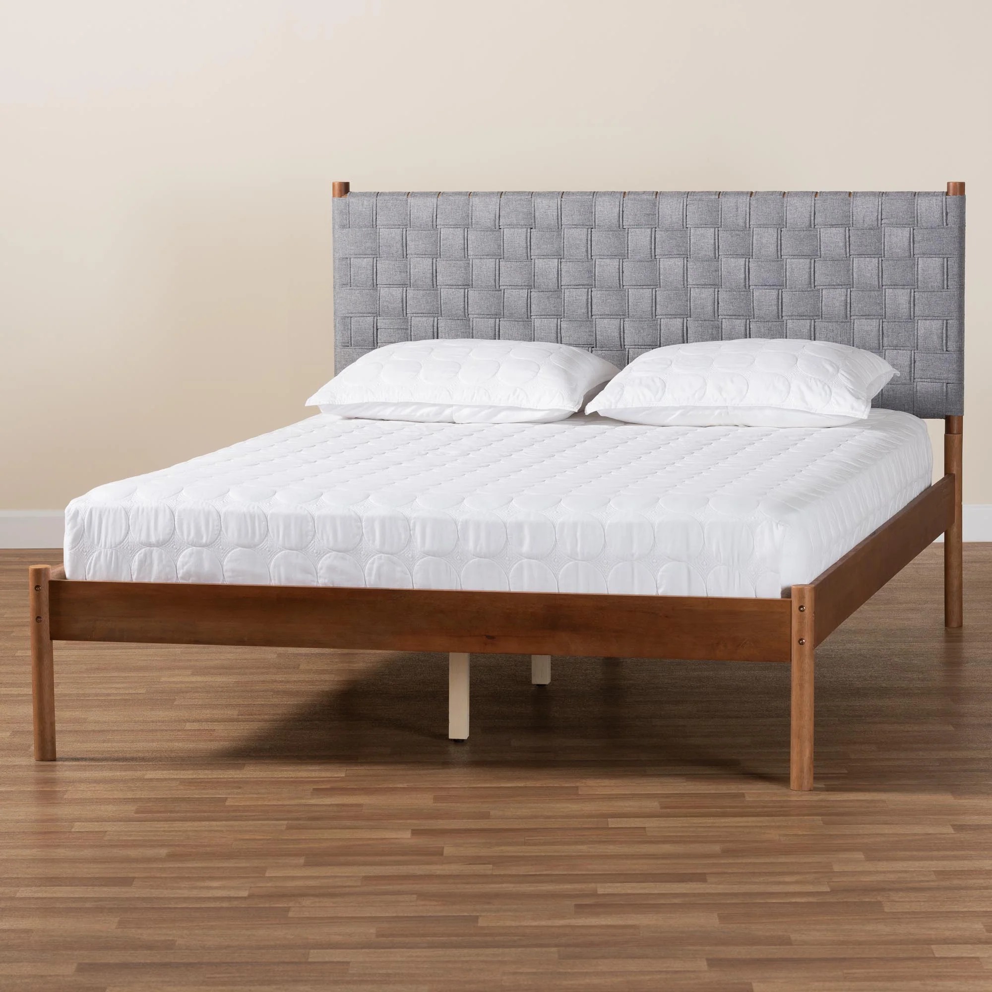 Baxton Studio Estela Mid-Century Modern Grey Woven Fabric and Walnut Brown Wood Queen Size Platform Bed - Image 9