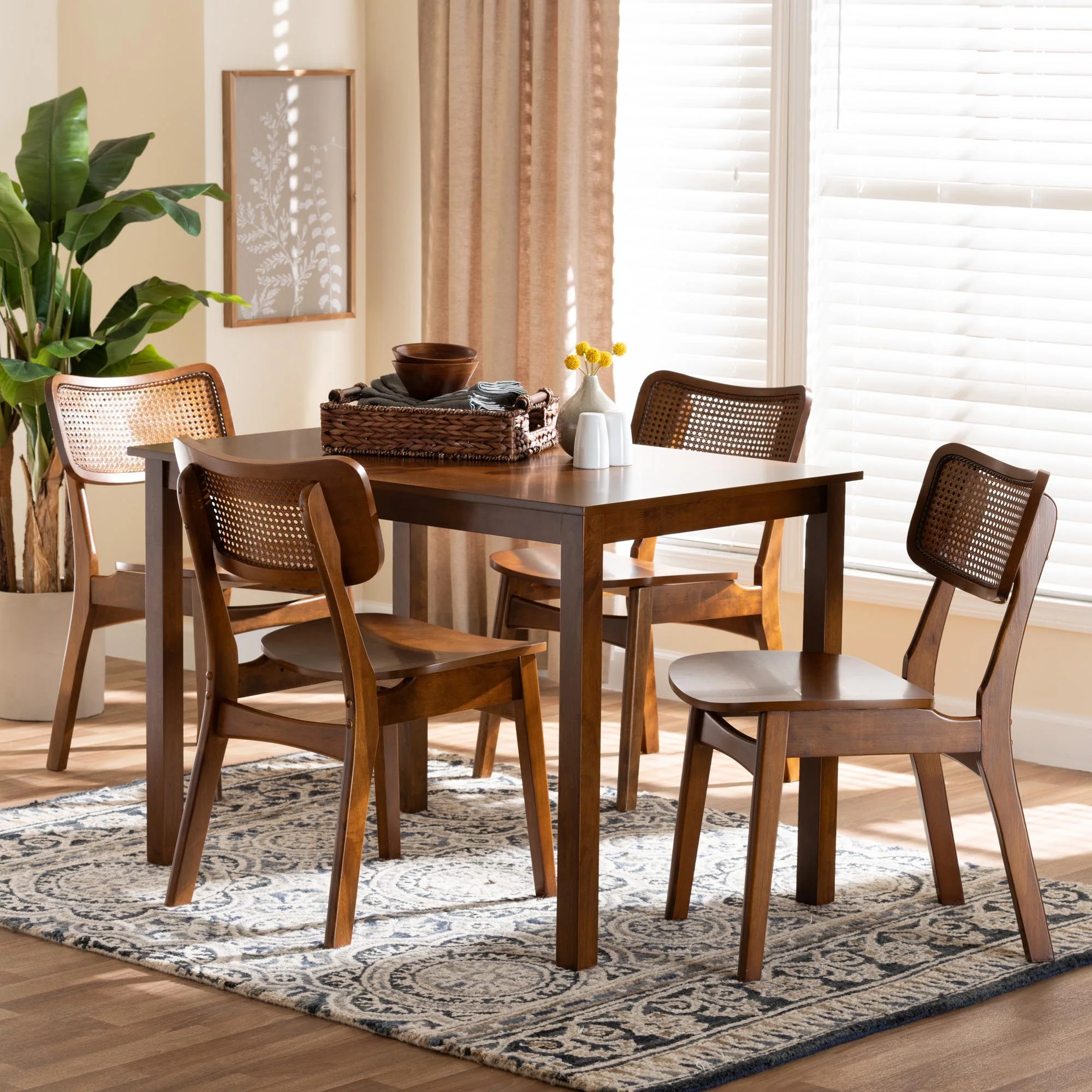 Baxton Studio Estera Mid-Century Modern Dark Brown Finished Wood and Rattan 5-Piece Dining Set - Image 11