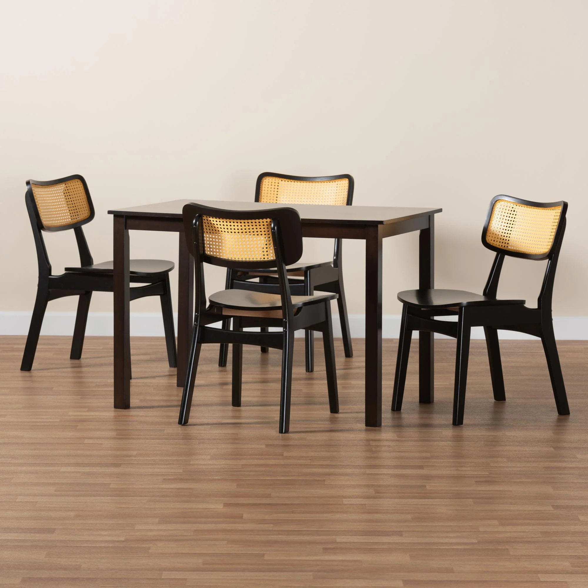 Baxton Studio Estera Mid-Century Modern Dark Brown Finished Wood and Rattan 5-Piece Dining Set - Image 2